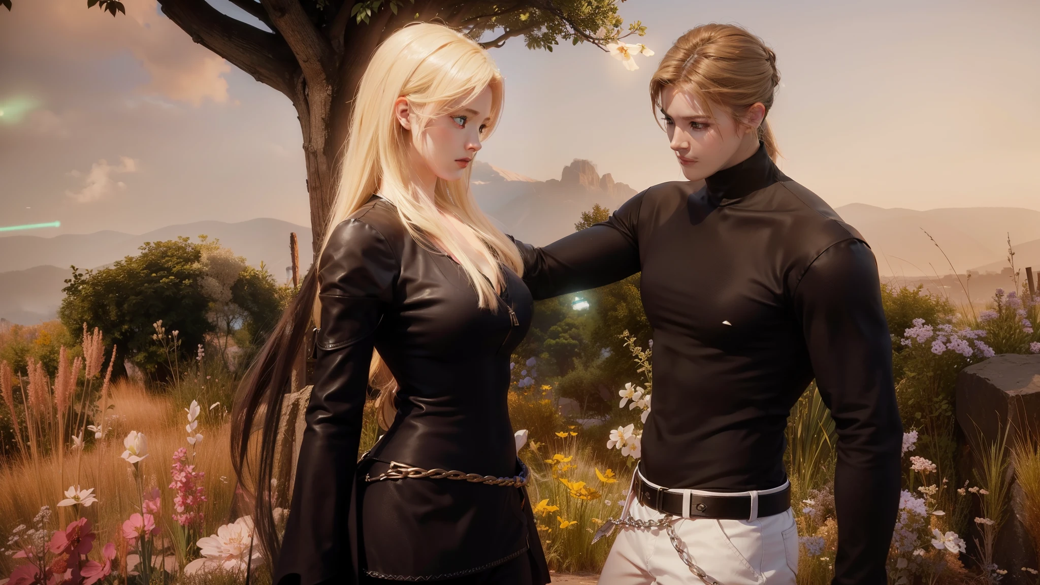 woman with blond hair in black dress standing next to'un homme dans un champ, Tifa Lockhart aux cheveux blancs, jeu de style square enix, Inspired by the'INO, capture d'écran du gameplay de mode, Sakimichan et Frank Franzzeta, cinematic, Elegant cinematic pose