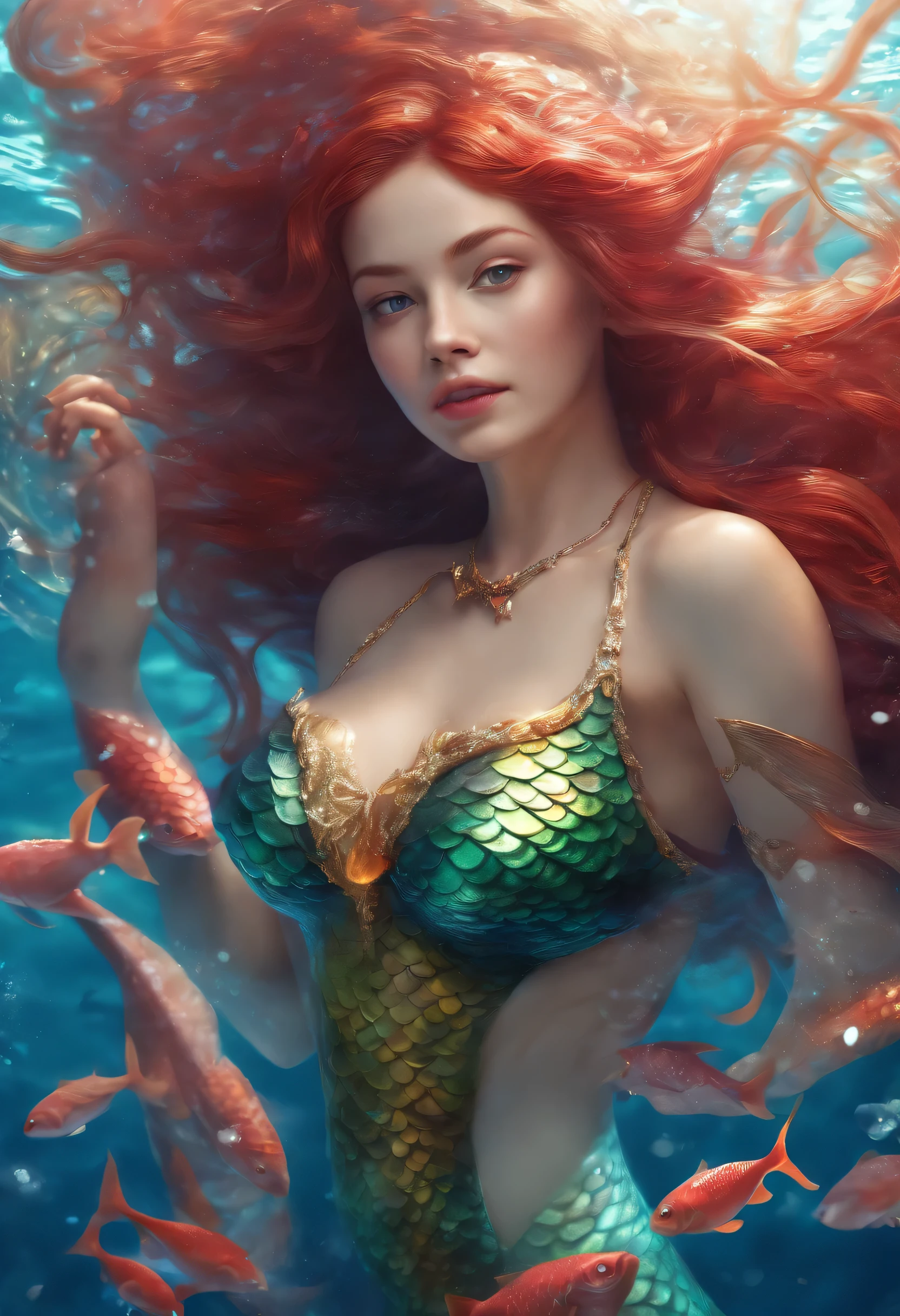 (foto profissional:1.3) Fujifilm X-T3, Lente de 35 mm (realista:1.3) foto de arte mais linda do mundo，(((cabelo vermelho))), (( olhos fechados)), morena, Caucasianos, ((long sereia tail)), (((detalhado sereia fins))), corpo todo, esporte, Characteristics: macio e brilhante, ((Epic sereia Fantasia very long hair in dynamic pose, cabelo voador, cauda completa, fantastic location, Ambiente majestoso e desordenado)), corpo todo, topless, 8K drive rendering, action photo, poro da pele, sombreamento pesado, detalhado, detalhado face, (vibrante, fotografia realista, realista, dramatic, escuro, sharp focus, 8k), (escamas de peixe:1.4), ((((Cauda de sereia)))), (intricado:1.4), decadente, (altamente detalhado:1.4), pintura digital, octane rendering, art stations, arte conceitual, suave, sharp focus, illustration, Arte Germe, (lazy:0.23), (Global illumination, studio light, volumetric light), Embaixo da agua, oceano, muito, Fantasia, sereia, ((fundo do mar:1.3)),Sociedade CGS,art stations, de joelhos, hands on the heir