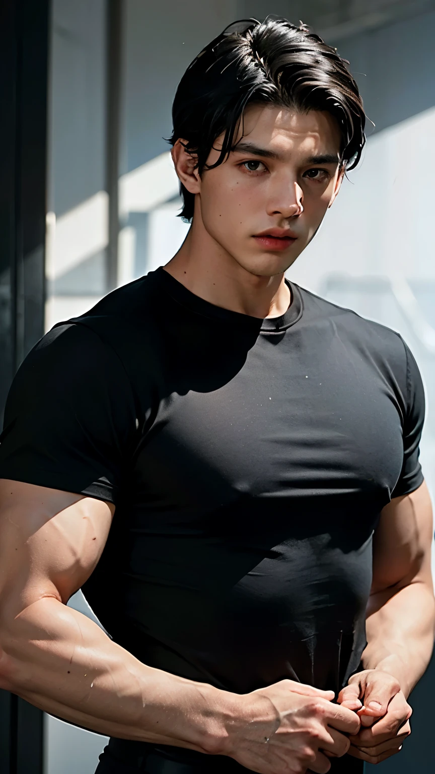 Young Bruce Wayne man black hair, big muscular body, wearing black t-shirt, in dark room front side upper body short