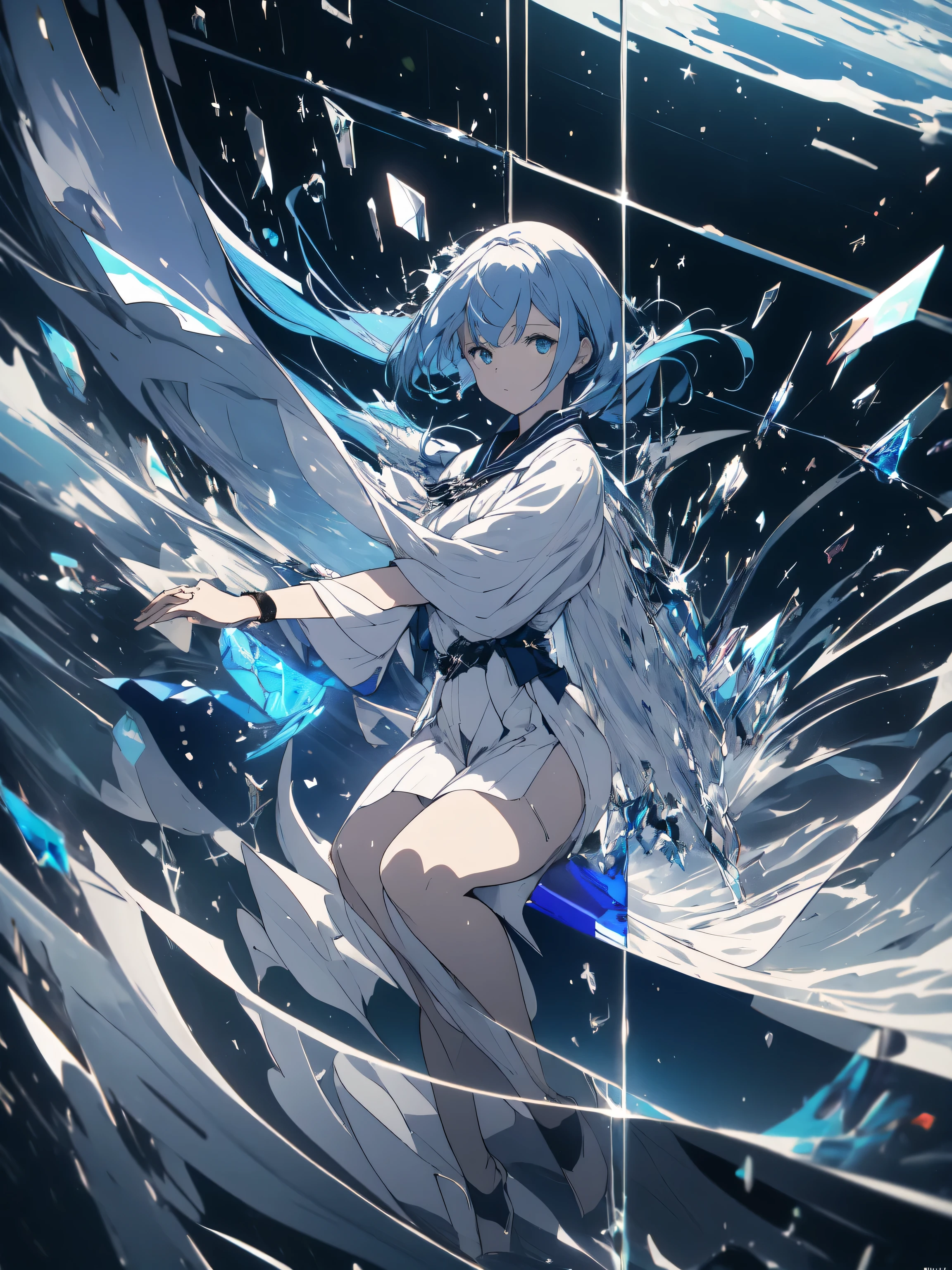 ((masterpiece)), ((highest quality)), 8K, hd, Super detailed, (woman), (white dress with navy blue edges), (Scattered light blue hair shawl), (shining eyes) (Inside the transparent gem 1.6) (Full body display 1.4) 作品はmasterpieceです, Top quality and attention to detail, Captured in 8K HD. (beautiful anime), very detailed illustrations beautiful anime, octane rendering、many mirrors floating.、dynamic angle