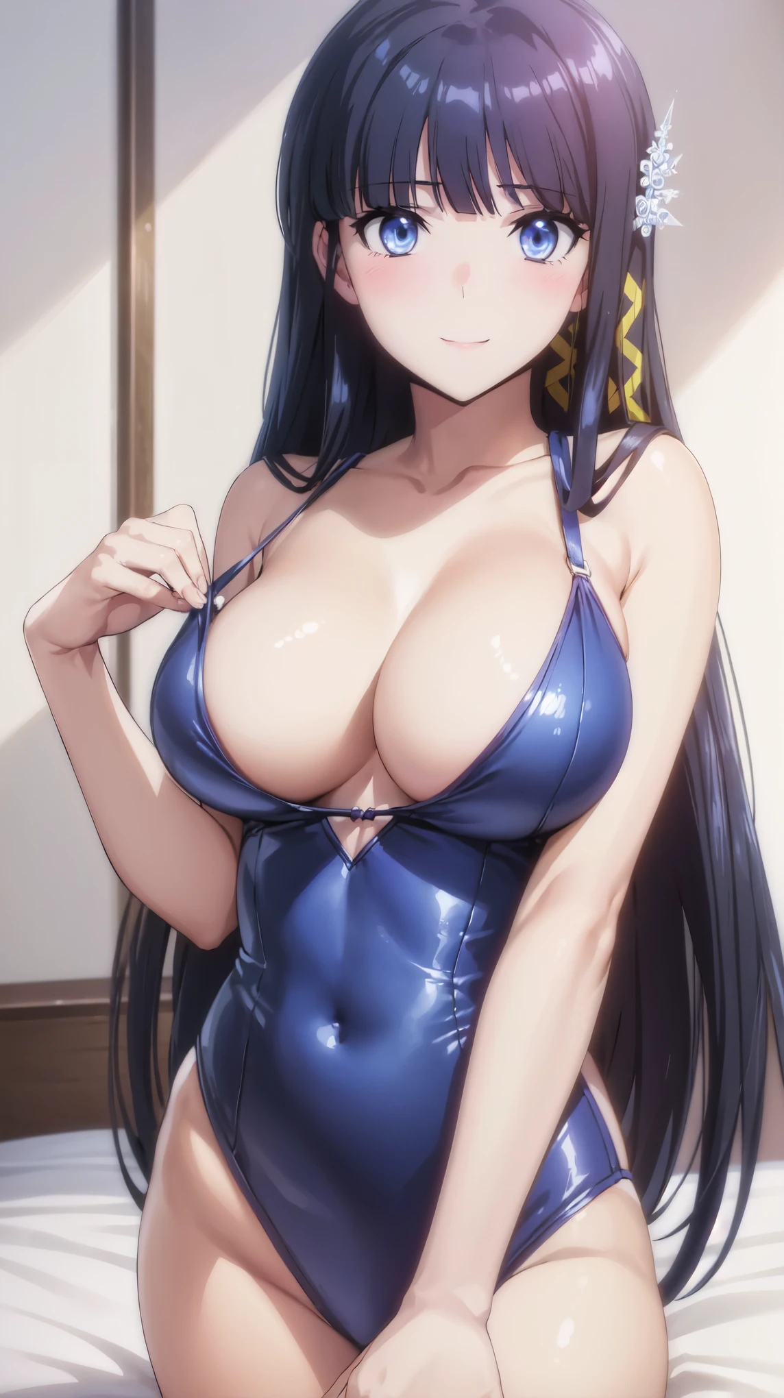 (1 girl, alone:1.4), (masterpiece:1.5),very precise detailed,ultra high resolution,extremely detailed CG unity 8k wallpaper,(Realistic,Photorealsitic,hyper realisitic:1.5),(Curve,Model,glamor:1.5),beautiful breasts,chromatic_aberration,beautiful detailed shadow,beautiful eyes,beautiful body,beautiful skin,beautiful hand,(Aesthetic Anime Eyes:1.4),highest quality,20-year-old, The Irregular at Magic High School,Shiba Miyuki, black eye, blue eyes, tsurime, eyelash, black hair, long hair, princess cut, straight hair, dull bangs, blunt end, side lock, hair ornaments, snowflake hair ornaments, tress ribbon,cleavage cutout,school swimwear, bare shoulders, bare arms, cleavage, big breasts, Upper body, Liar, looking at the viewer, behind, on the bed, blush, smile, bed sheet, pillow