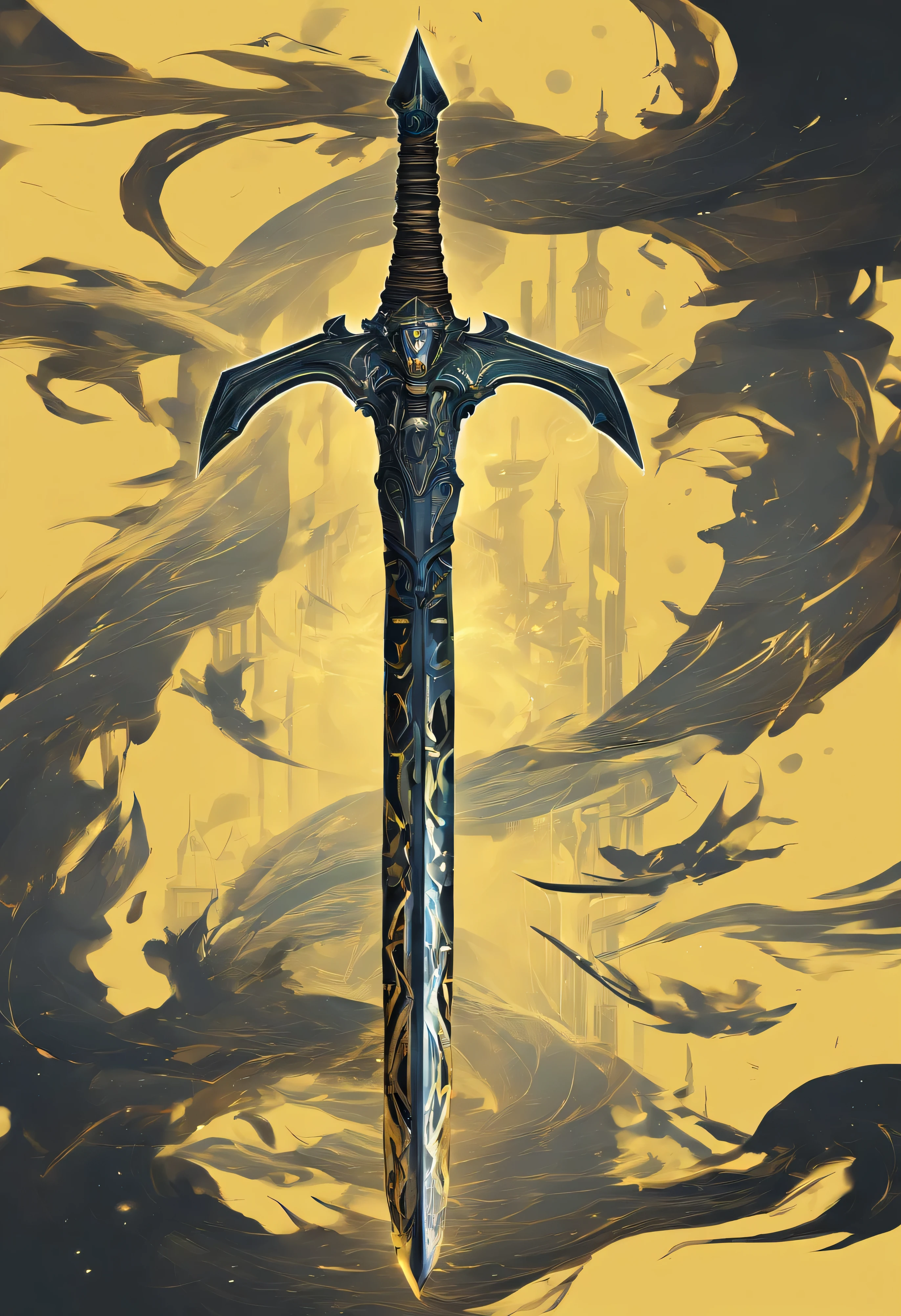 There is a spear,There are yellow and black patterns on it, glowing soul blade, Glowing Barracuda, Parker blade style, raytraced blade, sword, Shiny Parker, Intricate fantasy spear, war blade weapons, medieval spear, magical pike, realistic pike,Cosmic Galaxy