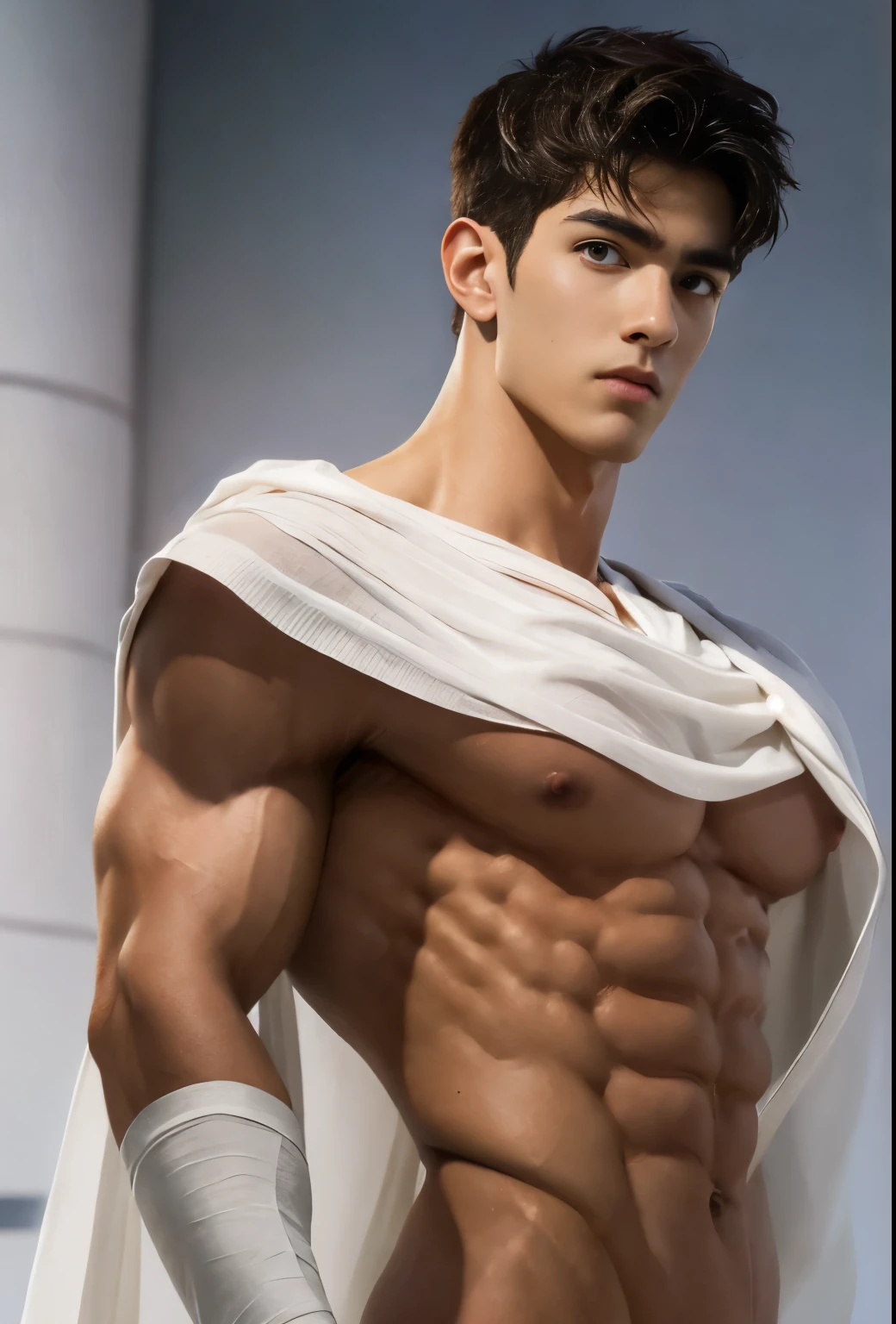 Portrait of a beautiful boy of , he holds a balance, justice, studio, light brown hair, almond-shaped eyes, bodybuilder, naked torso, white Roman toga, face with European features, fine facial features, beautiful body, sculpture-like body Greek, full body shot.