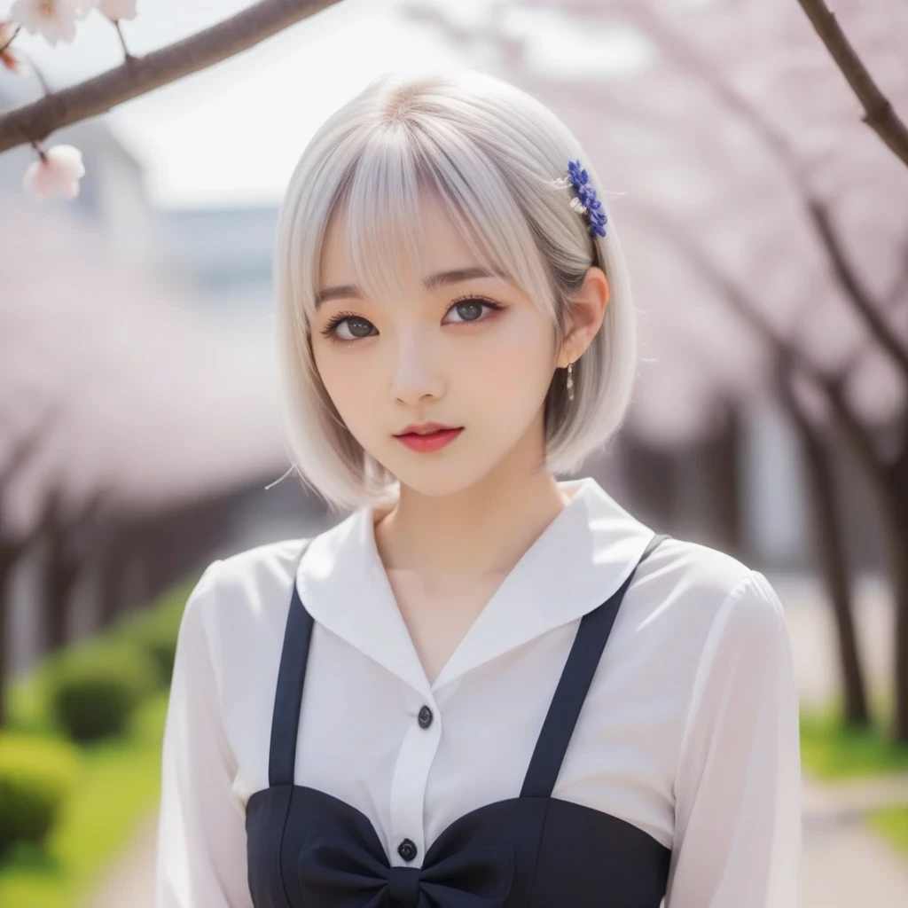 (masterpiece), best quality, expressive eyes, perfect face,pretty adorable feminine expiration, full body, small breasts,looking at viewers, standing, cherry blossom, softly blurry background, white hair, silky shiney hair, from front, school shirt,red lose necktie, black skirt,((eye focus)),((round iris)), x hair ornament, blunt bangs, hairclip, white hair, hair ornament, blue eyes, bangs, siesta, hands down, (full body)