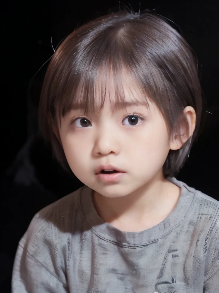 ((((Japanese ))))、japanese girl、((6 years old))、((With a roun((Tanuki face))、((close up of cute little face))、、white skin、Physical examination of adolescents、、Shorten the torso（anatomically correct)、solo、whole body、very nice、(((Ren&#39;s Clothing:1.0) ))、Are sleeping、((((((4-year-old)))))、alone,short cut hairne、al,short hairstyles、short cut hair、(on the bed)、((Get angry))、(((black background)))、(((realistic skin texture)))、Photoreal