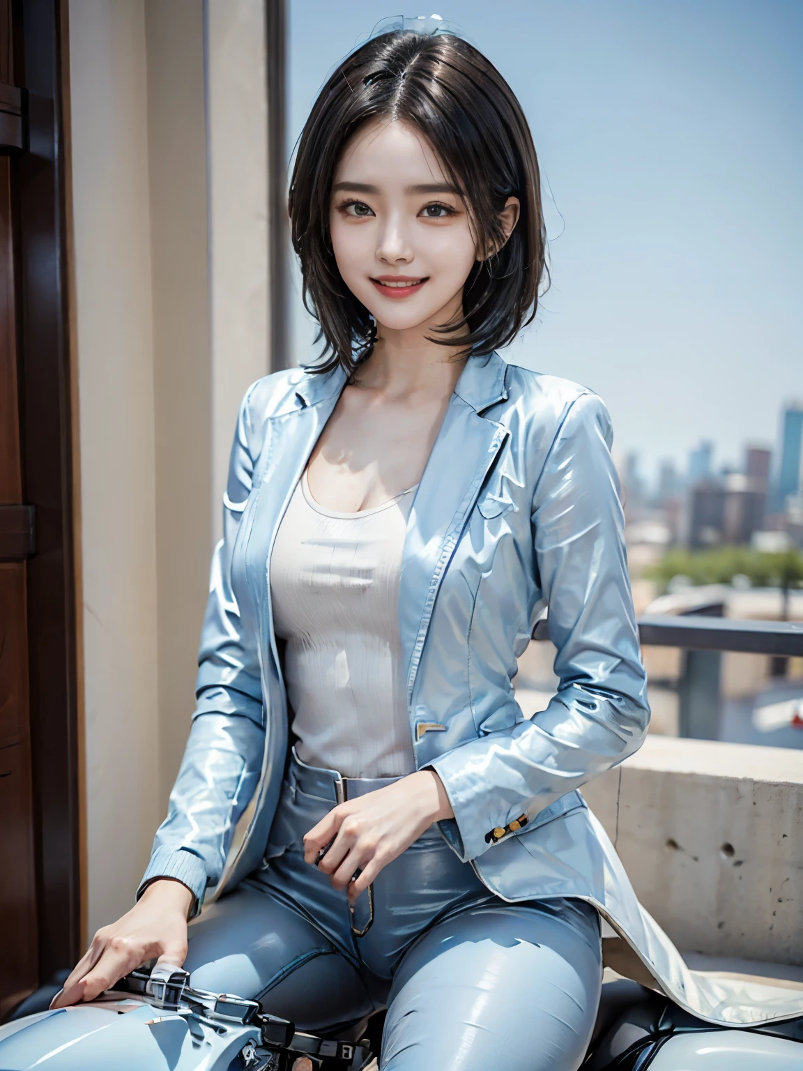 (dynamic podium: 1.3), (realistic:1.5), (realistic:1.4), 8K, Super Definition Beautiful Girl, 1 woman, 30 years old, (a sunny day:1.5), intricate body details, (short: 1.3), (highest quality: 1.0), (Super high sharpness: 1.0), (thin hair:1.4),(Beautiful and delicate depiction of eyes),((((riding a motorcycle)))),unreal engine:1.4,photorealistic:1.4, skin texture:1.4, masterpiece:1.8,highest quality at best,(Wearing the communication headset、full body shot、((light blue jacket and black pants))、long limbs、smile、((brown short hair))