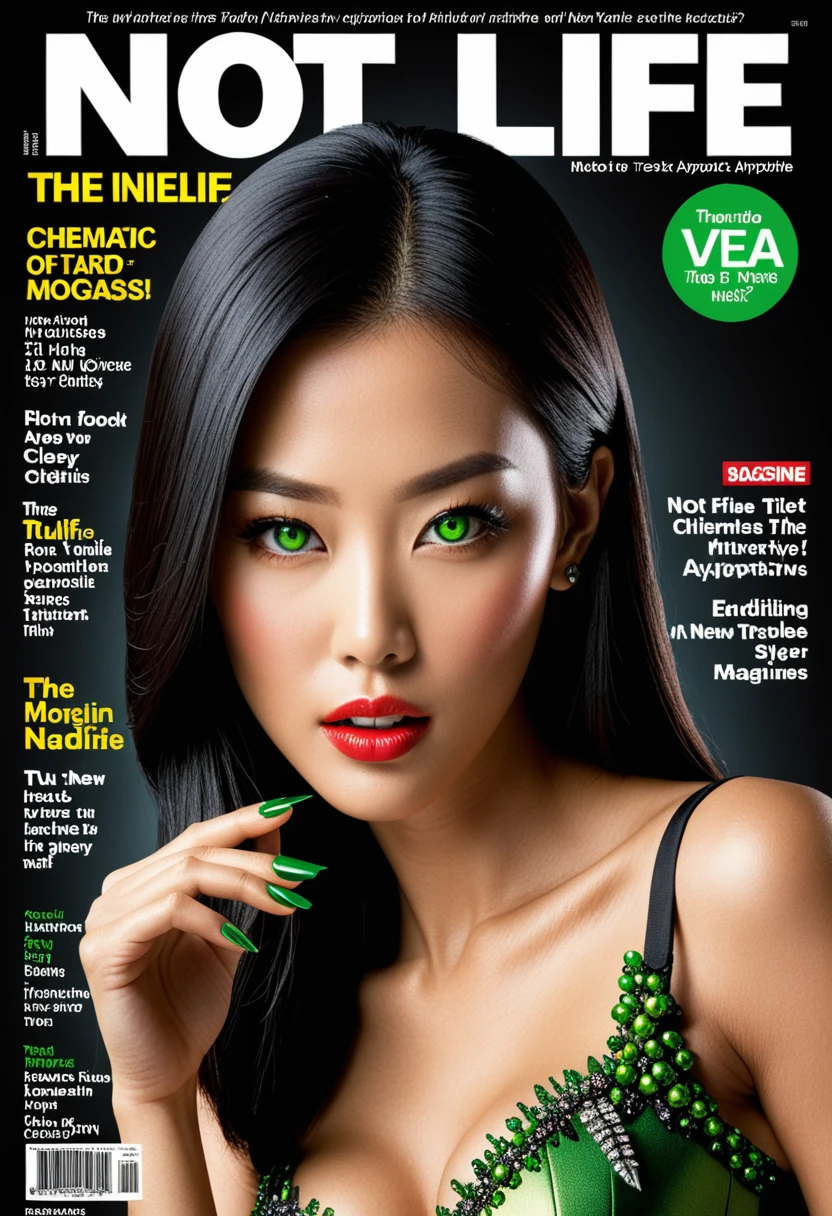 The design of the cover of the "NotLife"magazine,  cinematic frame, the text of the title "NotLife" the text of the subtitle "our new world," Digital art, Patrick Demarchelier style, two stylish zombies on a magazine cover, fashion-forward yet terrifying, claws shaped like green nails, one eye missing, set against a post-zombie apocalypse city in ruins, title "Not Life" in isometric perspective, paired with Miki Asai-inspired macro photography of their hyper-detailed features, sharp focus, intricate details, artstation trending quality, headlines and subtitles of the magazine, the text of the article "really TV zombie?! , "the Text of the article" our flora on our head, "the Text" no. 5, "Text" 03/19/2024, "full imitation of magazine cover, magazine issue, date magazine issue, Circulation, clear Text, focus on headlines, focus on the center of the picture, a very detailed, high-budget Hollywood movie, gorgeous, graininess. Glossy magazine