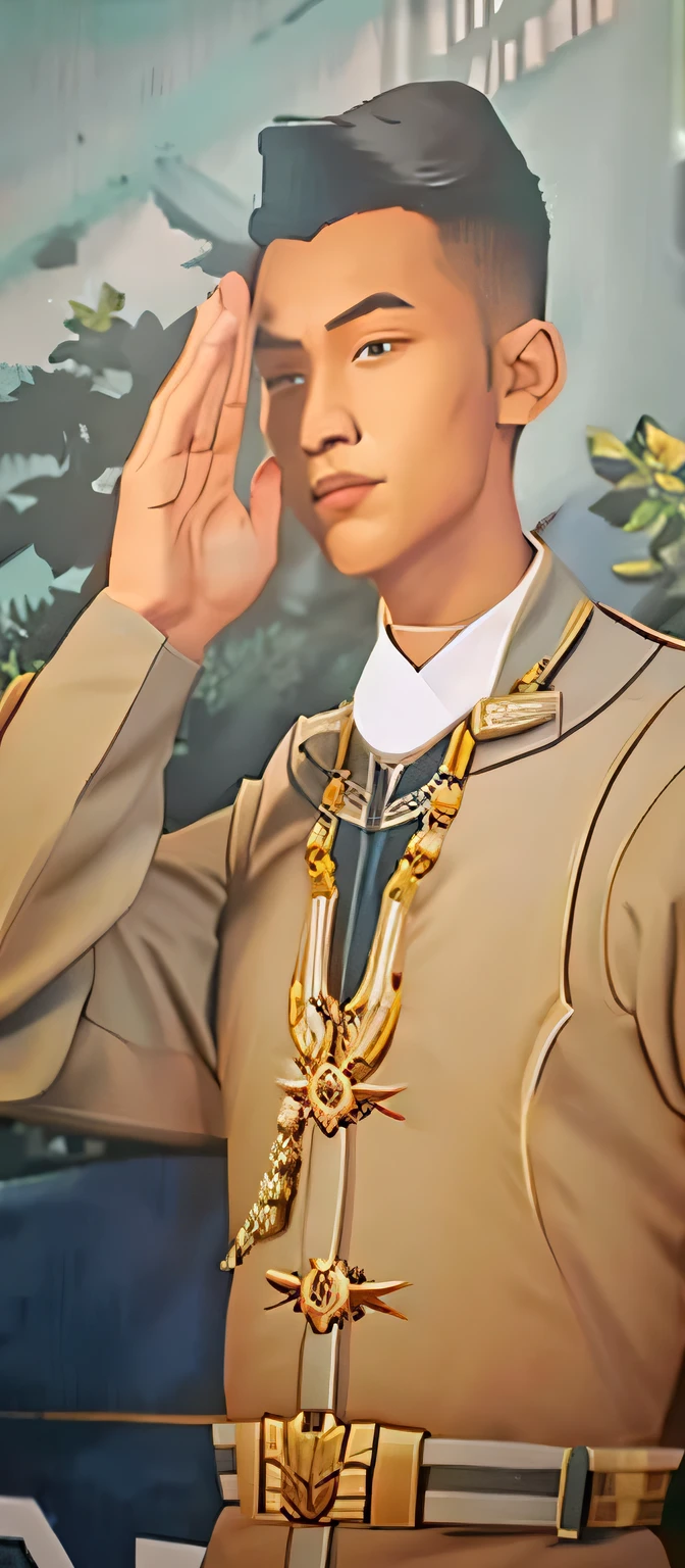 painting of a man in a military uniform saluting for the salute, jendral sudirman