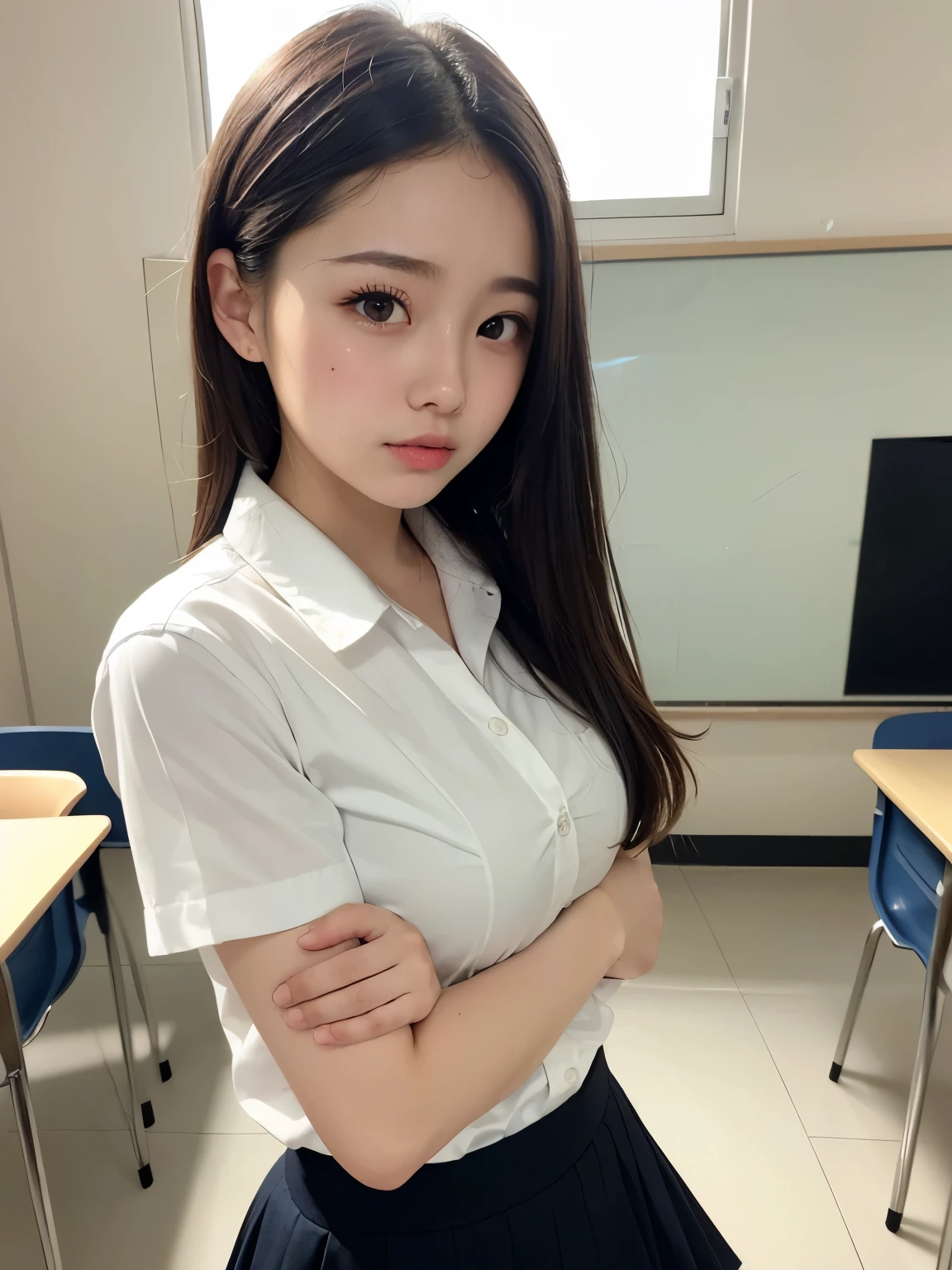 (masterpiece:1.3)、Super detailed finish、(High resolution、8k:1.3)、highest quality、(Super realistic like a photo:1.3), The face is in focus, ultra high definition face、Face is in focus、Ultra high definition and beautiful eyes、(focused eyes:1.3)、(Eyes are symmetrical:1.3)、High-definition and beautiful skin、firm skin、natural makeup、gross lip, Ultra high definition hair texture、Japanese high school girl、17 years old、very cute, half updo:1.2, small breast, (uniform、white shirt:1.3), (classroom), (very embarrassed:1.3), blush:1.3, (shy pose、dynamic pose:1.2), Mr.々shooting angle:1.3, (looking at viewer:1.3), cleavage
