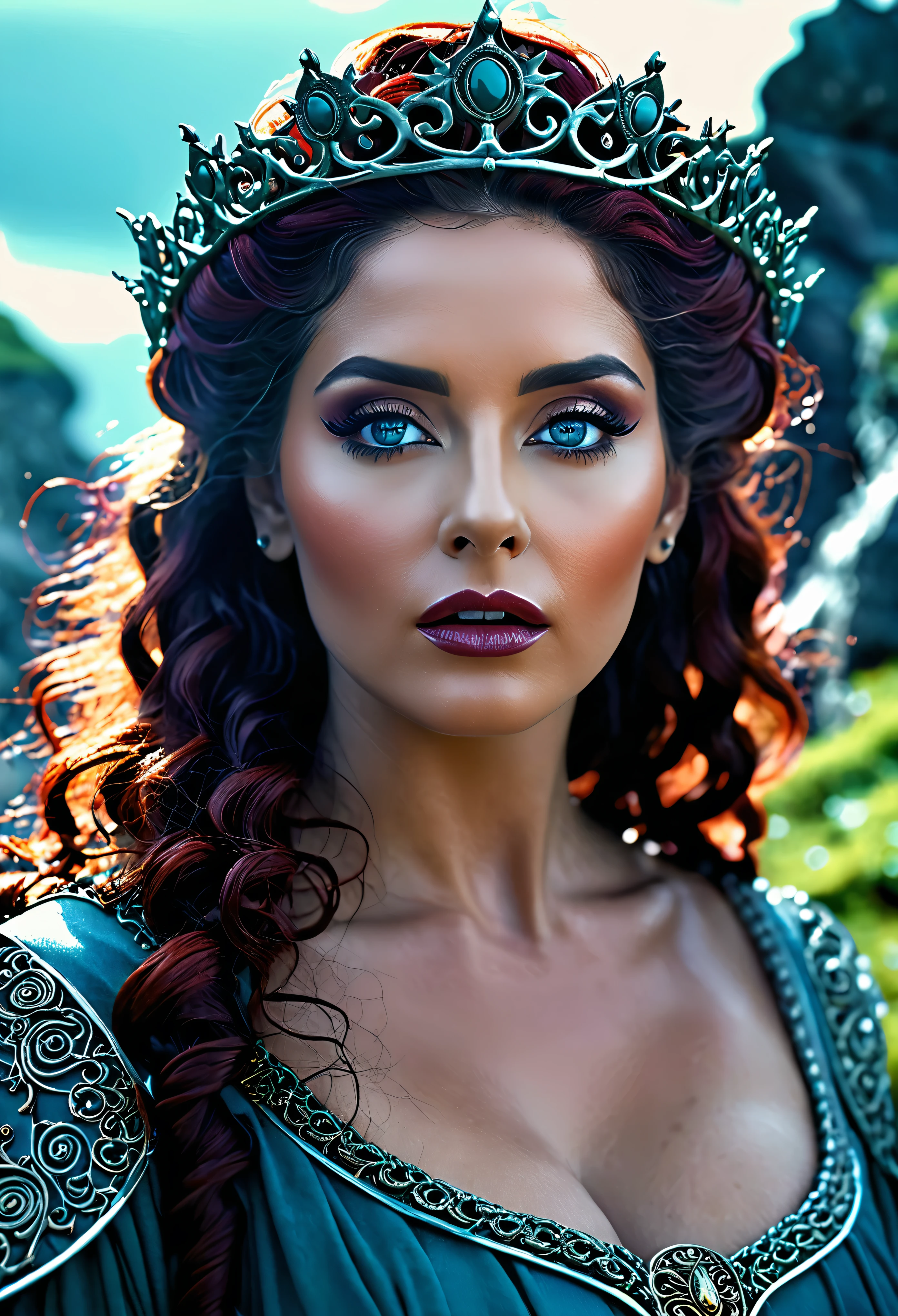 queen Medusa, pierced eyes, cinematic, cinematic colour grading, Alluring, beautiful, charming, comely, engaging, enticing, fair, glamorous, good-looking, gorgeous, handsome, lovely, pleasing, pretty, stunning, tempting beauty, movie stills, web series stills, solo, mediaeval cinematic tones, moody tones, blu Ray movie, icy nature background, mysterious wonderful place background, highly detailed, Best quality, 