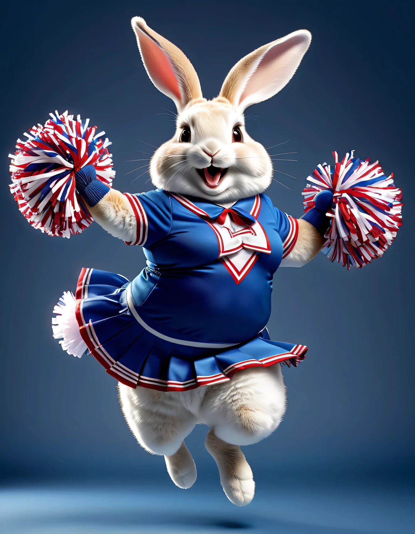 photorealistic portrait of Dressed animals - a ((fat)) rabbit cheerleader,(cheer dancing:2.0),(jumping:2.0),(big smile),(), high quality,(lovely) ,intricate details, highly detailed ((cheer costume)) ,highly detailed cheer clothes, holding pom-pom in hands,(passion) , highly detailed , (happy), studio lighting,(full body image:1.5)