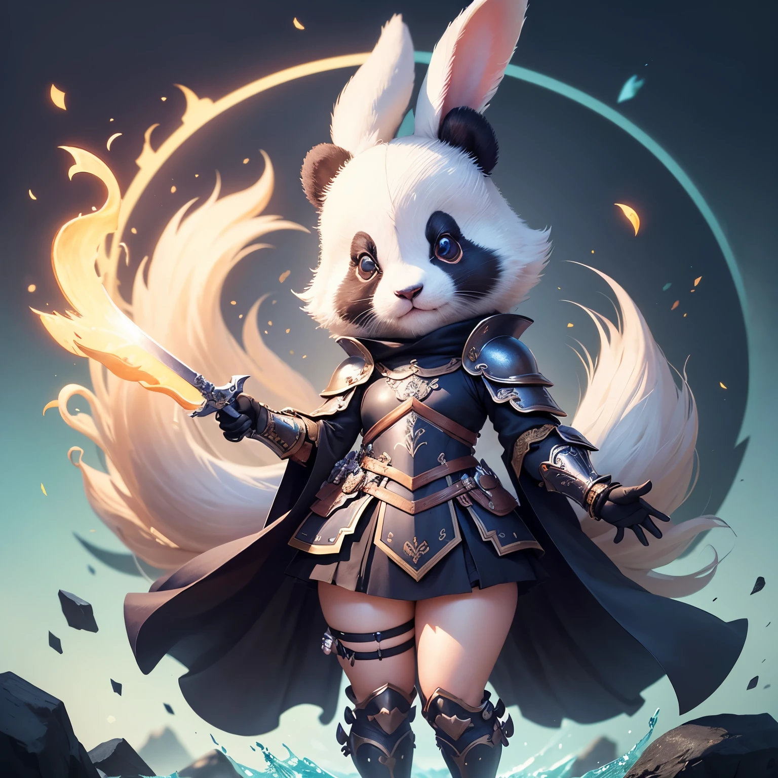 There&#39;s a panda.，wear armor，long sword in hand，cut forward，cute digital artและมีรายละเอียด，cute digital paintings，cute digital art，cute anthropomorphic rabbit，Lovely 3D rendering，Lovely detailed artwork，Lovely creatures，cute characters，cute little animals，lovely artwork，Beautiful digital artwork，ทำนายฝัน Cute Animalsมีดวงตา，Lovely wild animals，Cute Animals，like full body.，have hands and feet, Guppy Tail, purple