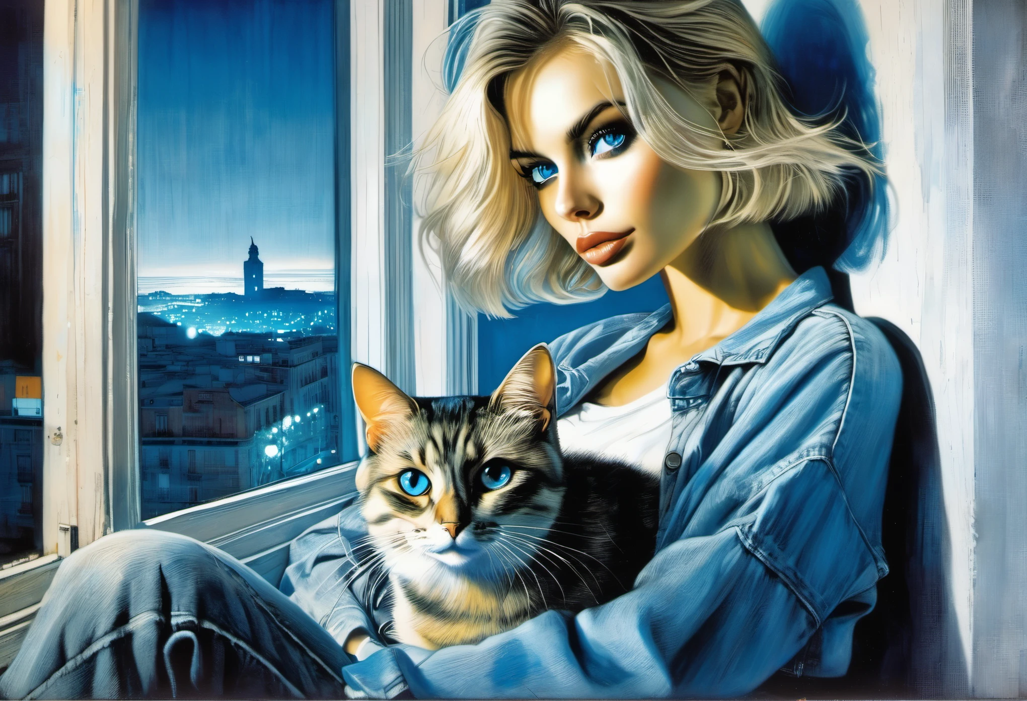 woman and her pet cat, full body, straight blonde hair, beautiful eyes, beautiful lips, extremely detailed eyes and face, long eyelashes, jeans and t-shirt, cap, large window, night, cat, views of Madrid, artwork By Bill Sienkiewicz, oil painting. black, white and blue image.
