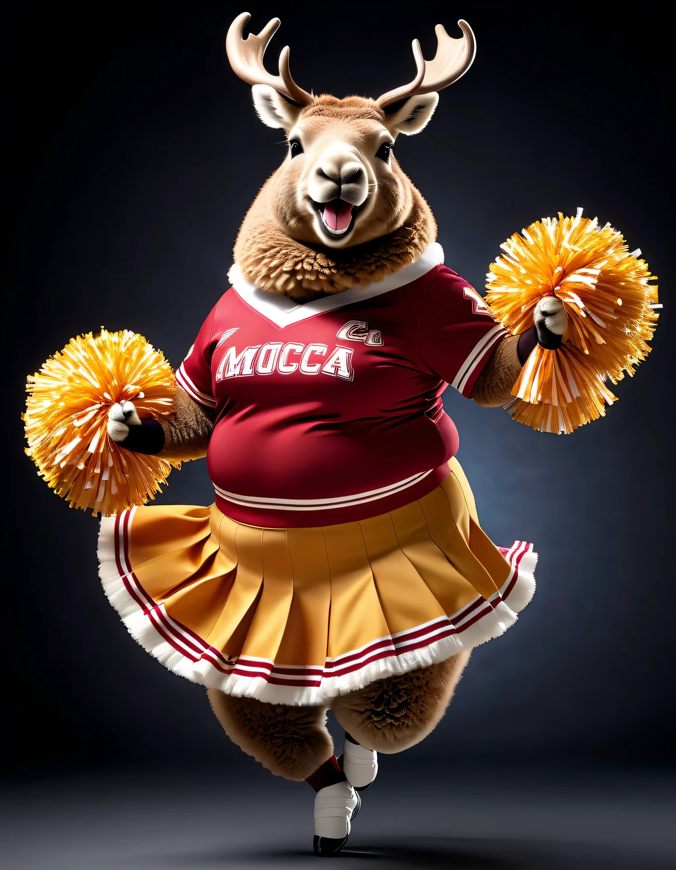 photorealistic portrait of Dressed animals - a ((fat)) camel cheerleader,(cheer dancing:2.0),(jumping:2.0),(big smile),(), high quality,(lovely) ,intricate details, highly detailed ((cheer costume)) ,highly detailed cheer clothes, holding pom-pom in hands,(passion) , highly detailed , (happy), studio lighting,(full body image:1.5)
