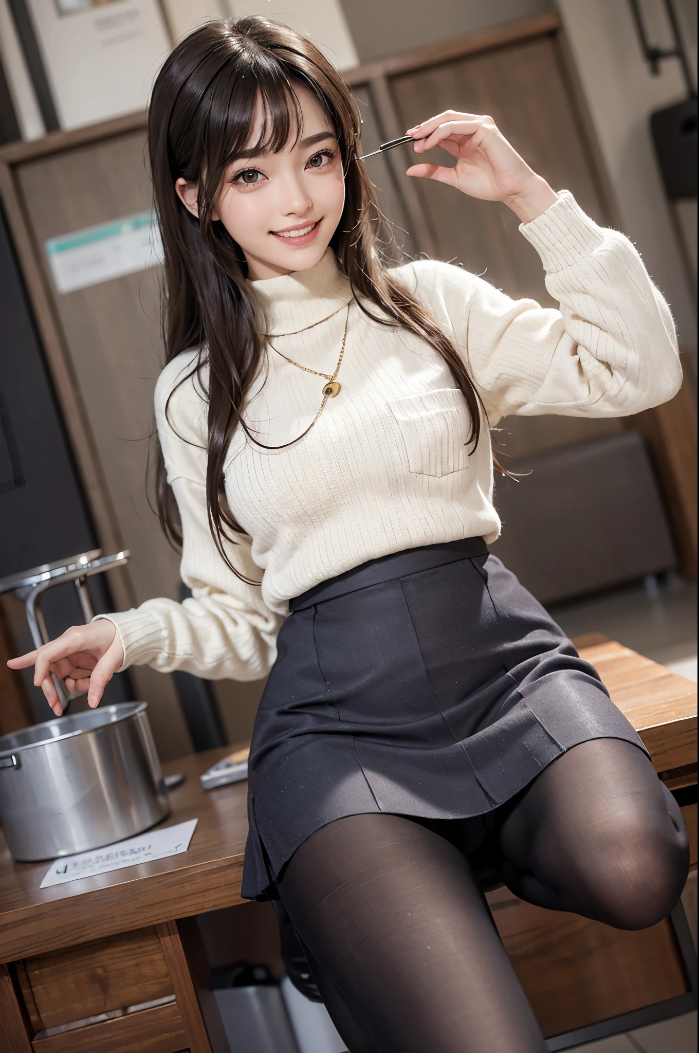 ((highest quality、8K、masterpiece:1.3))、standing、sharp focus:1.2、(realistic、Photoreal:1.37)、laughter、turn to the audience、put one's feet in front of the audience、beautiful face woman、28 years old、pointed chest、NSFW、long eyelashes、colored contact lenses、big 、Delicate、very fine eyes、highly detailed eyebrows、(sharp eyebrows)、(thin eyebrows).highly detailed face、(brunette tousled hair:1.3),Black Long Sleeve Knit Turtleneck、small necklace、((Fringed Pocket Tweed Mini Skirt))、((pantyhose:1.4))、beautiful thighs、from below、detailed background(8K、masterpiece、highest quality、Raw photo)、Knee-high boots、Touching the thigh、raise one knee、A quiet residential area,(shining smile:1.5)