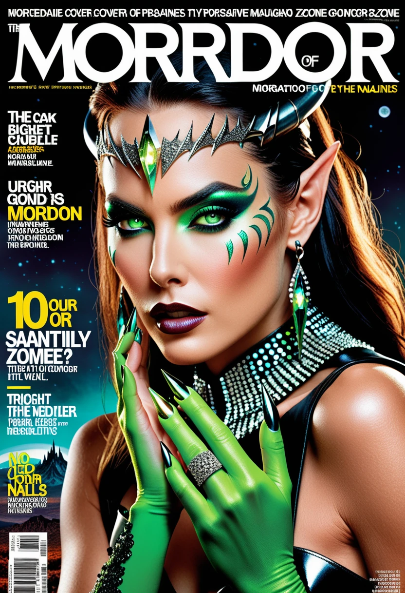 The design of the cover of the "Mordor" magazine, cinematic frame, the text of the title "Mordor" the text of the subtitle "our new world," David LaChapelle-inspired digital art for "Mordor" magazine cover featuring two fashionable orc girls showcasing green claw-like nails and evening makeup spangled with sequins, adorned with luminous fluorescent tattoos, amidst the towering Mordor mountains under a night sky, the looming "Eye of Sauron" , ultra hd, realistic, vivid colors, highly detailed, the text of the article "really TV zombie?! , "the Text of the article" our flora on our head, "the Text" no. 5, "Text" 03/19/2024, "full imitation of magazine cover, magazine issue, date magazine issue, Circulation, clear Text, focus on headlines, focus on the center of the picture, a very detailed, high-budget Hollywood movie, gorgeous, graininess. Glossy magazine