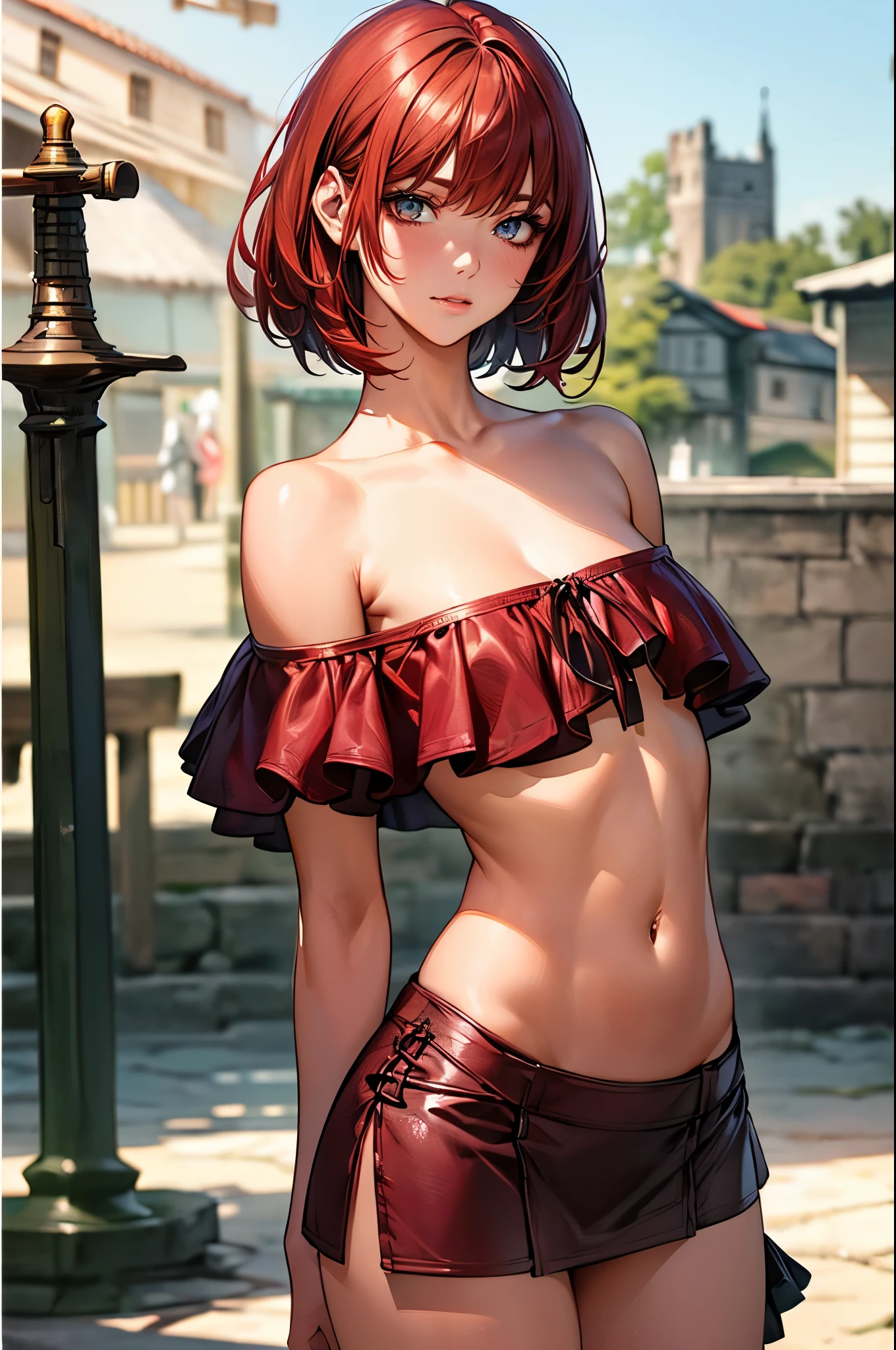 ((perfect anatomy:1.5,realistic,:1.3,RAW Photography:1.3,masterpiece、highest quality、Ultra - High resolution、High resolution、Highly detailed CG、8K)),nsfw,upper body,1 female,alone,20-year-old,beauty of japan,beautiful detailed face and eyes,big and gorgeous eyes,gray eyes,(red hair,short bob hair,bangs), (slender body,small head:1.4, skinny、small breasts), glowing skin,oily skin,(fantasy clothing,.off shoulder,navel、Red micro mini skirt,female knight、have a sword),fantasy,city,medieval europe、natural sunlight、