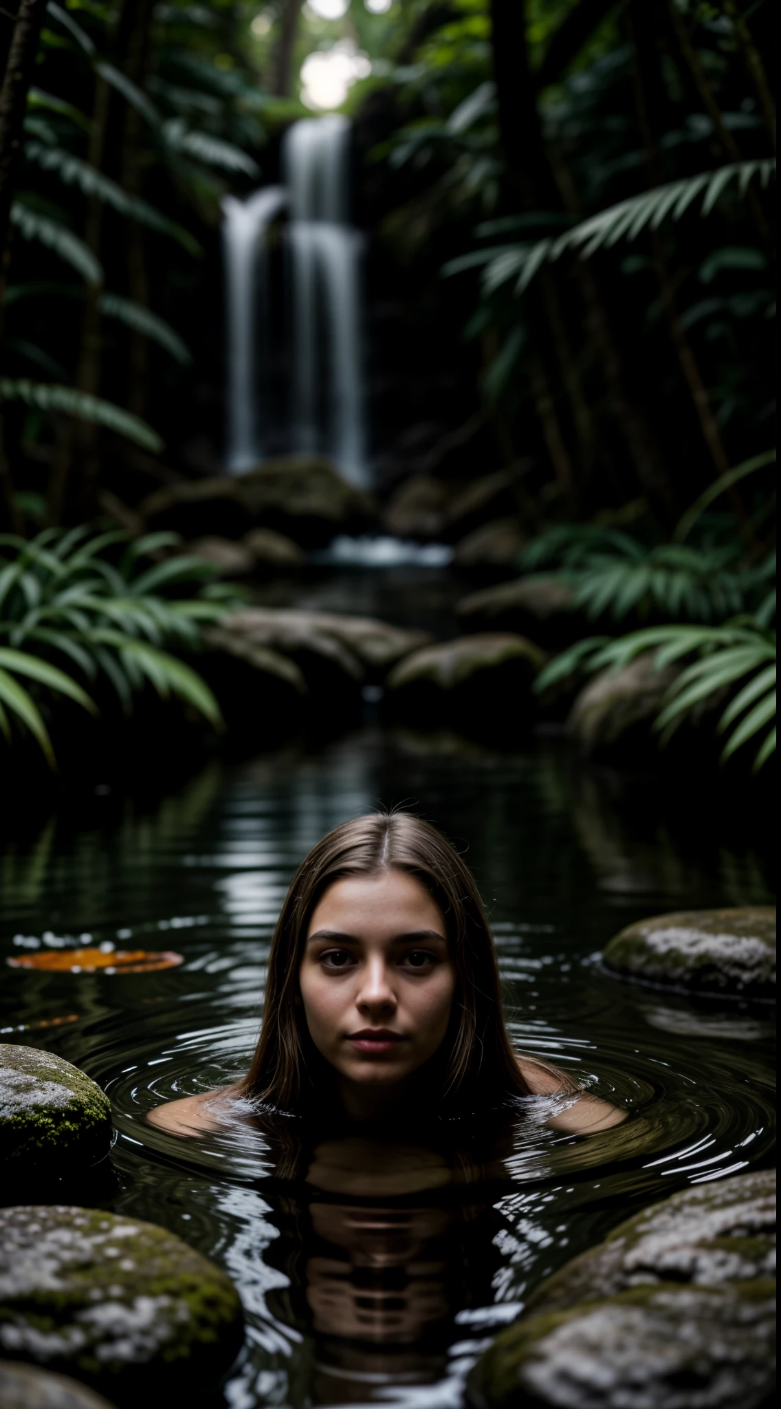 In the heart of a tropical jungle, donde la luz del sol juega con las hojas, conocemos a la joven Lydia, 18 years. Her long blonde hair is intertwined with wildflowers., cayendo en rizos ondulados sobre sus hombros. Sus ojos color miel reflejan la luz dorada del bosque., loaded with a free and adventurous spirit.

Lydia lleva un vestido blanco., ligero y fluido, que se mueve con ella como si fuera parte de la naturaleza que la rodea. La tela abraza su figura de forma suave y favorecedora., evidenciando las suaves curvas de su juventud.

She is lying on the mossy stone., his bare feet touching the cold water of a nearby stream. The sound of running water and rustling leaves create a calming melody., mientras Lydia se pierde en sus propios pensamientos.

His gaze is fixed on the reflection in the water., where you not only see your own reflection, but also the infinite possibilities of what the future will bring us.. The excitement of self-discovery shines in her eyes.., del mundo, y de las complejidades del amor y el deseo.

La imagen de Lydia, de 18 years, es un retrato de inocencia y descubrimiento.. She is the embodiment of youth., con sus ganas de explorar y experimentar, posicionado en el umbral de un mundo lleno de nuevas sensaciones y experiencias.