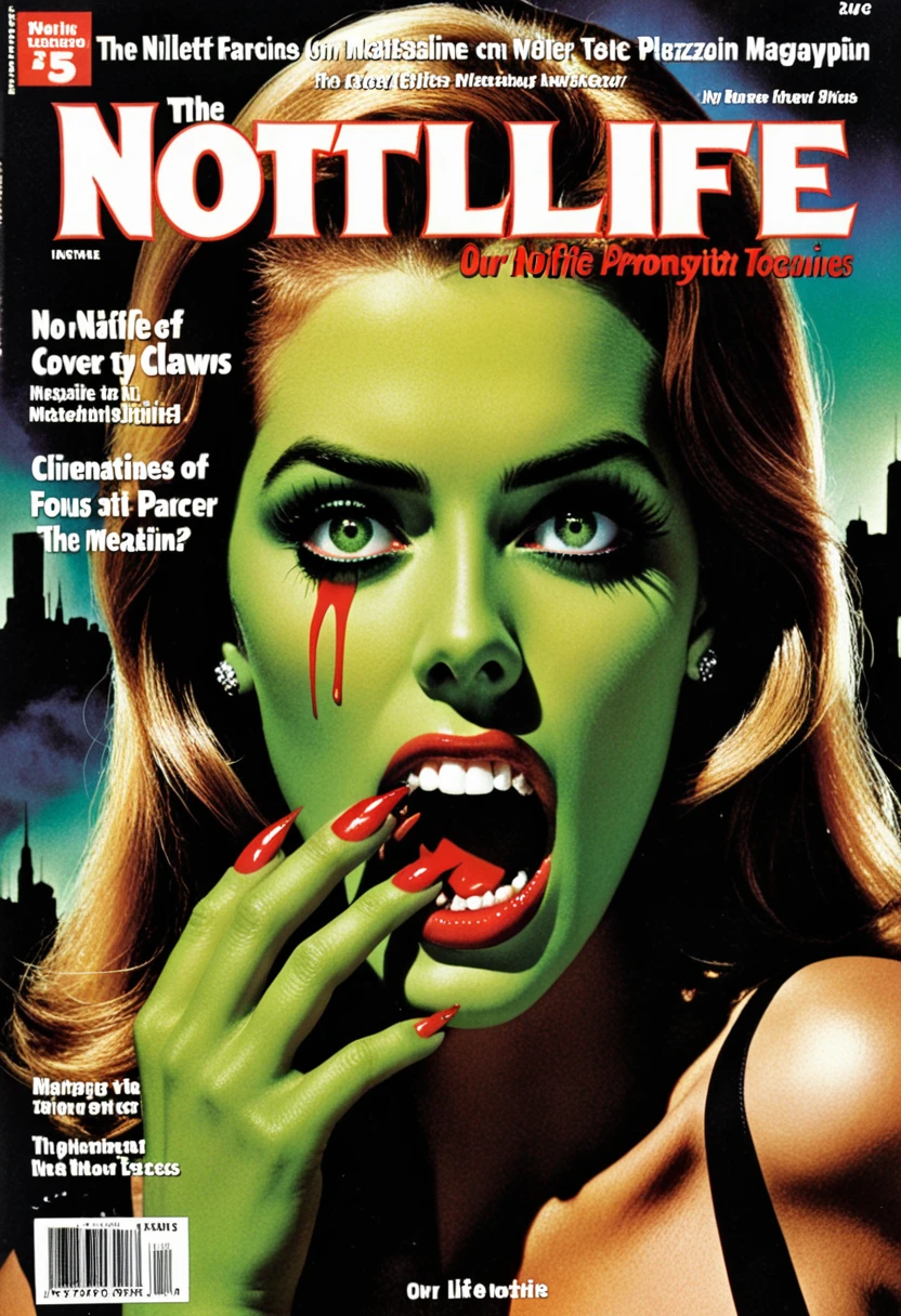 The design of the cover of the "NotLife"magazine, cinematic frame, the text of the title "NotLife" the text of the subtitle "our new world," Elliott Erwitt style digital art depicting the haunting cover of a magazine featuring two fashionable yet grotesque zombies, heavily made up with terrifyingly decayed faces intriguing the onlooker, their nails transformed into green claws, a lone eye ominously fallen out of a face, framed within the ruins of a post-apocalyptic city, title "Not Life" prominently displayed, isometric aesthetic, digital, headlines and subtitles of the magazine, the text of the article "really TV zombie?! , "the Text of the article" our flora on our head, "the Text" no. 5, "Text" 03/19/2024, "full imitation of magazine cover, magazine issue, date magazine issue, Circulation, clear Text, focus on headlines, focus on the center of the picture, a very detailed, high-budget Hollywood movie, gorgeous, graininess. Glossy magazine