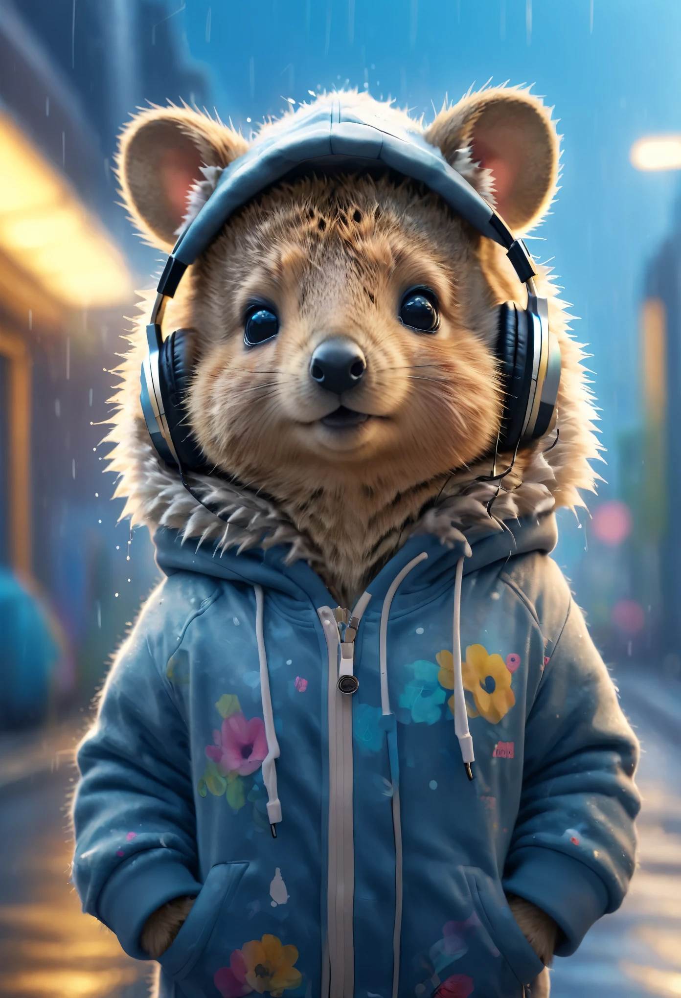 Cute  baby quokka with fluffy fur wearing urban outfit, one hoodie and headphones, The background is modern and inorganic, Adorable Digital Painting, 3d rendered, Bright lighting, Vibrant colors,  outside and raining