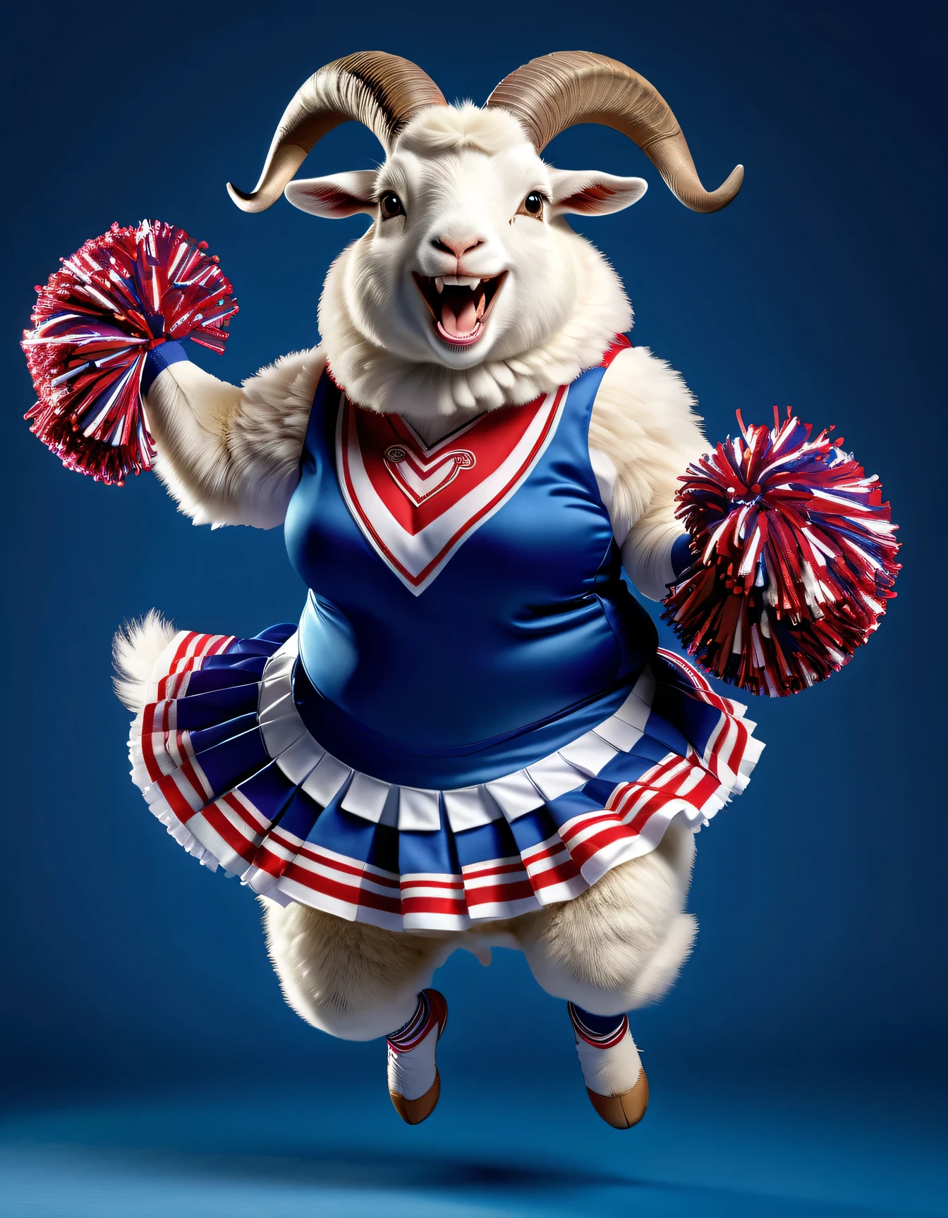 photorealistic portrait of Dressed animals - a ((fat)) goat cheerleader,(cheer dancing:2.0),(jumping:2.0),(big smile),(), high quality,(lovely) ,intricate details, highly detailed ((cheer costume)) ,highly detailed cheer clothes, holding pom-pom in hands,(passion) , highly detailed , (happy), studio lighting,(full body image:1.5)