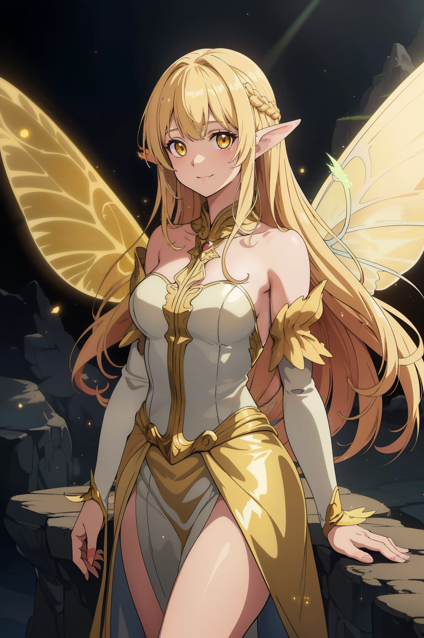 (masterpiece, best quality, anime style, hdr, cinematic:1.2), 1girl, looking at viewer, cowboy shot, fairy, ((very_long_hair, golden blonde)), glowing yellow eyes, smile, (((fairy wings))), inside_cave, fountain, white gown, ((glow, dust particles)), parted bangs