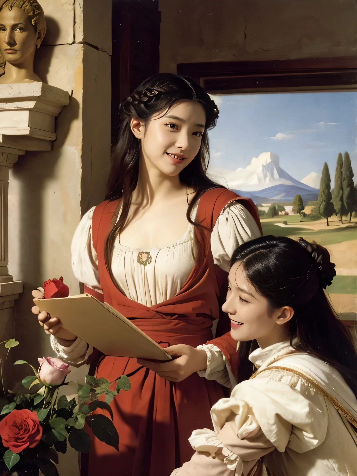 Giorgione painting style,Arguments of two female Philosophe,math、astronomical machine、astronaut、roses in vase、fruits、Cute trinkets、smile、ancient greek costume、Ancient Roman landscape in the style of Nicolas Poussin,laughter,,Sweet and seductive appearance.、Caravaggio's paintings、Chiaroscuro of Caravaggio、hair tousled by the wind,Two women frolicking,cute smile, expression of ecstasy,Sexy,erotic