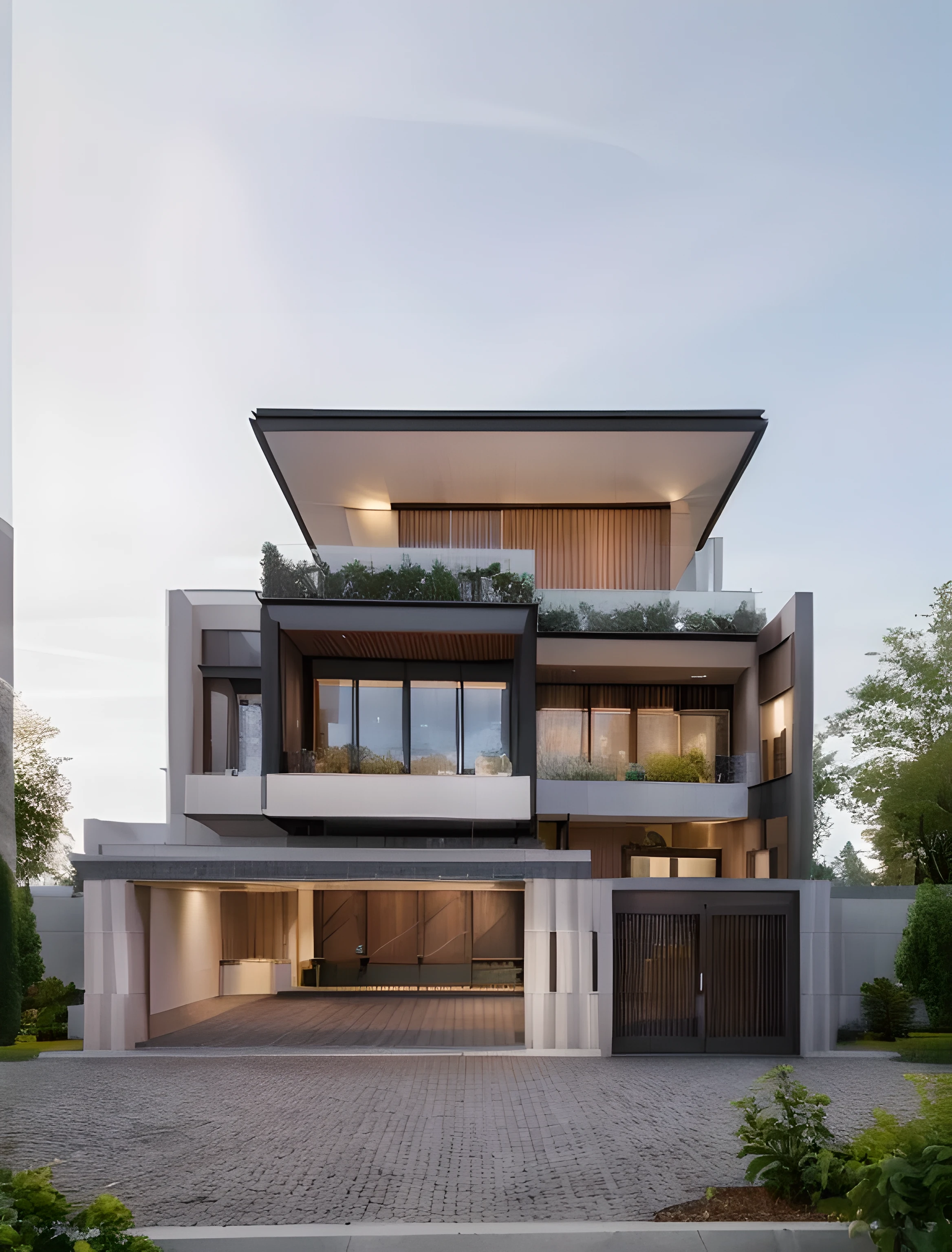 architecture villa, exterior, modern style, 8k uhd , dslr, trees, interior soft light, daylight, actual photos, best quality, , masterpiece, ultra realistic, highres, realistic photography