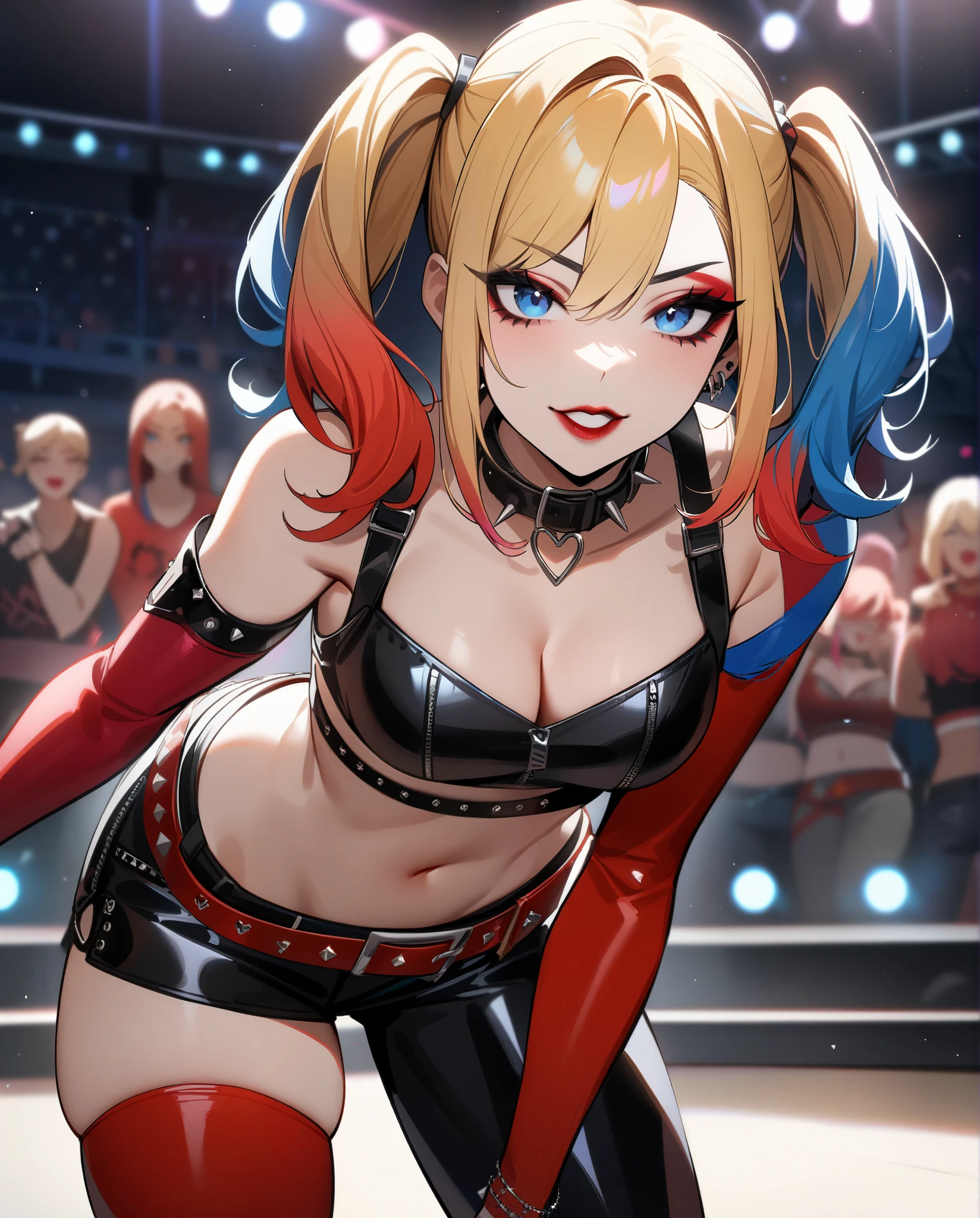 (masterpiece, best quality:1.2), Harley Quinn, 1girl, solo, blonde hair, twintails, fingerless gloves, gloves, breasts, makeup, multicolored hair, navel, nail polish, cleavage, belt, tattoo, midriff, blue eyes, lipstick, choker, medium breasts, eyeshadow, red hair, pants, thighhighs, crop top, collar, lips, black nails, spikes, gradient hair, elbow gloves, red nails, blue hair, long hair, mascara, multicolored clothes, red lips, leaning forward, music concert, crowd, excitement, stage