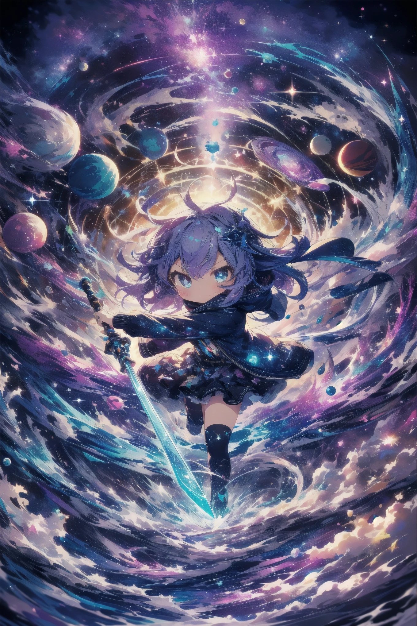 An ultra-dynamic, chaotic, gravity-defying, and colorful chibi anime-style illustration of Nova-chan, embodying a cosmic theme amidst chaos with a rainbow-colored giant sword. In this vertical scene, Nova-chan, a small, slim girl, is dynamically positioned at the center, adopting an upper stance (jōdan no kamae) with an ultra-gigantic sword that radiates rainbow colors, amidst a turbulent cosmic storm. The scene is further enhanced with vibrant colors as the magnificent rainbow arcs gracefully over Nova-chan and is mirrored by the rainbow hues of her sword, symbolizing hope, diversity, and the powerful energies of the cosmos. Celestial bodies and cosmic energy swirl around her in chaos, creating a sense of immense gravity and buoyancy, while Nova-chan defies gravity, being drawn towards the sky by an unseen force. Her shoulder-length blue-purple hair, adorned with starry patterns, flows wildly, reflecting the rainbow's hues. She wears a space-themed hoodie and scarf, which flutter and blend into the cosmic chaos, further enhancing her fantastical appearance. This composition, rendered in a cute, chibi anime art style, captures her determination, readiness for action, and the dynamic, chaotic, gravity-defying, and colorful scale of her cosmic adventure.