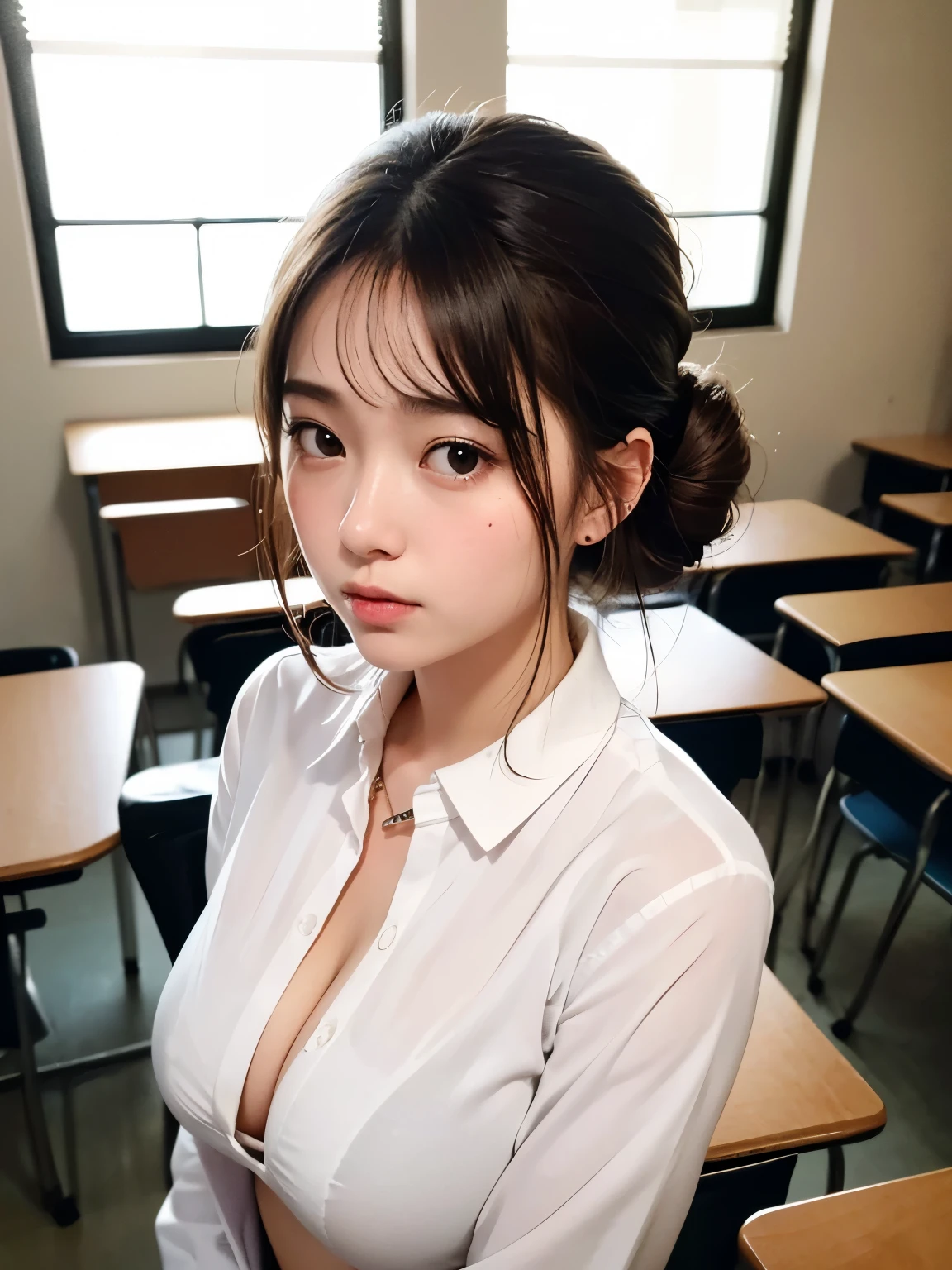 (masterpiece:1.3)、Super detailed finish、(High resolution、8k:1.3)、highest quality、(Super realistic like a photo:1.3), The face is in focus, ultra high definition face、Face is in focus、Ultra high definition and beautiful eyes、(focused eyes:1.3)、(Eyes are symmetrical:1.3)、High-definition and beautiful skin、firm skin、natural makeup、gross lip, Ultra high definition hair texture、Japanese high school girl、、very cute, half updo:1.2, small breast, (uniform、white shirt:1.3), (classroom), (very embarrassed:1.3), blush:1.3, (arms behind:1.2), Mr.々shooting angle:1.3, (looking at viewer:1.3), cleavage