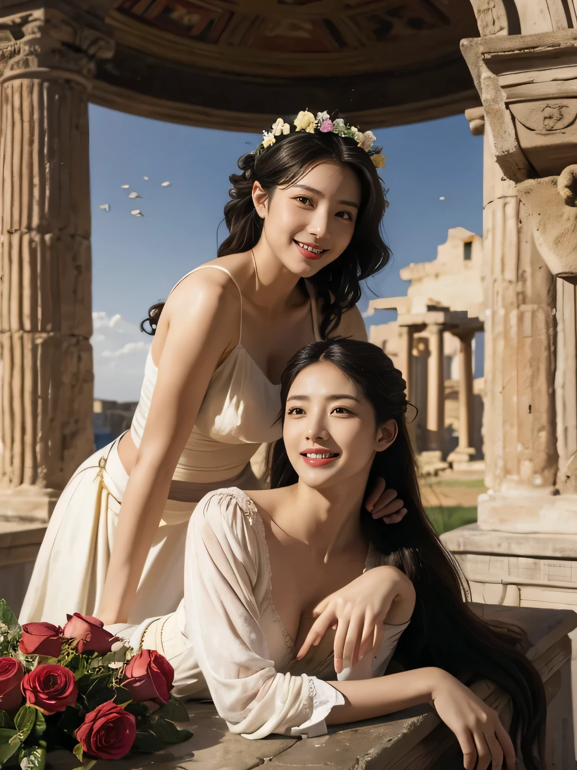 Giorgione painting style,Arguments of two female Philosophe,math、astronomical machine、astronaut、roses in vase、fruits、Cute trinkets、smile、ancient greek costume、Ancient Roman landscape in the style of Nicolas Poussin,laughter,,Sweet and seductive appearance.、Caravaggio's paintings、Chiaroscuro of Caravaggio、hair tousled by the wind,Two women frolicking,cute smile, expression of ecstasy,Sexy,erotic