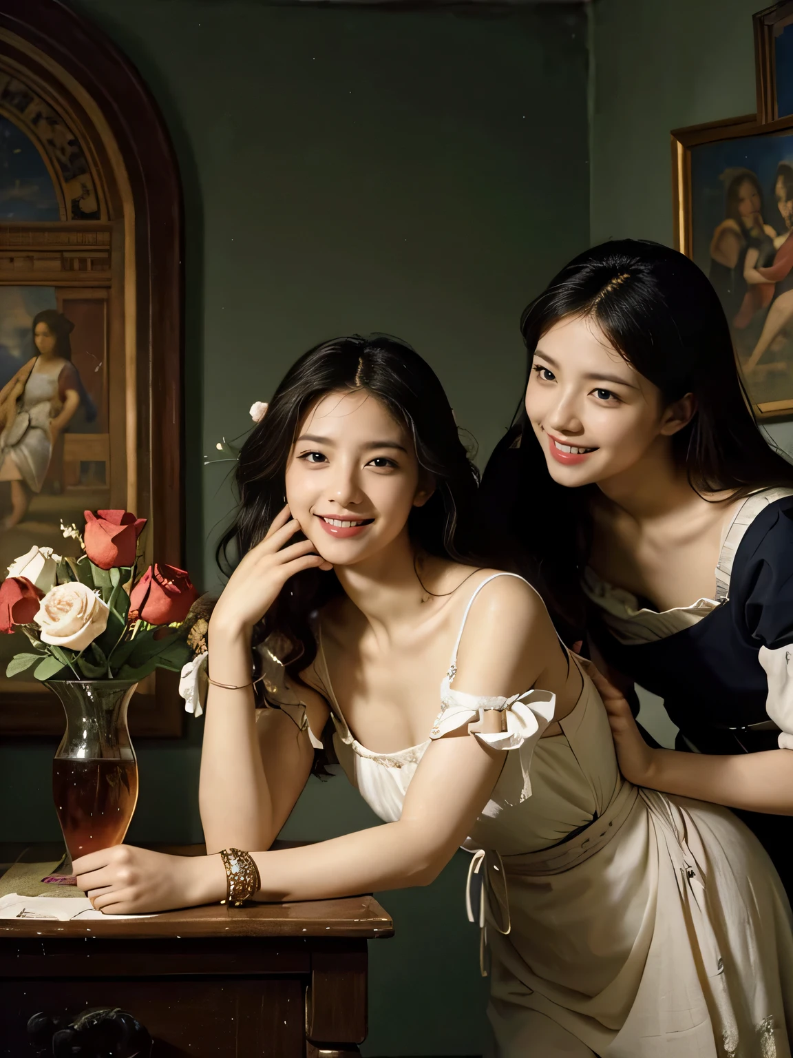 Giorgione painting style,Arguments of two female Philosophe,math、astronomical machine、astronaut、roses in vase、fruits、Cute trinkets、smile、ancient greek costume、Ancient Roman landscape in the style of Nicolas Poussin,laughter,,Sweet and seductive appearance.、Caravaggio's paintings、Chiaroscuro of Caravaggio、hair tousled by the wind,Two women frolicking,cute smile, expression of ecstasy,Sexy,erotic