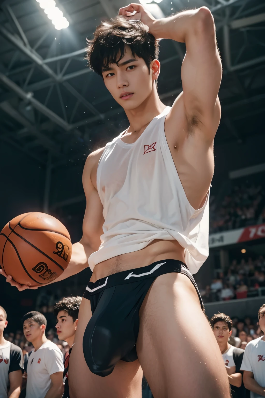 NO PANTS, CLOSED UP DETAILED, basketball player, playing basketball, wearing soaked basketball shirt, pull off shirt, ABS EXPOSED, Very wet body, very wet, basketball court court, wearing socks, naked just wearing red soaked thong, Showing off his very hairy armpits, Slim fit body, teenager body, Shota, very cute boy face, boy, baby face, y, Very youn boy, Amazinscenery, in the middle of Crowded basketball court court, he only wear Tiny see through red thong, crowded people, very hot sunny day, summer, dirty and wet court, he wore a very small transparent see through thong covering half of his big hard dick, dickprint, Sweat dripping all over the body, sweat covering all over the body, Full body photo, wearing Very tiny thong, Proudly showing off his sweaty very hairy armpits to audience in music concert area, completely naked just wearing thin Tiny white thong, very young boy, Cinematic soft lighting illuminates a stunningly detailed and ultra-realistic handsome korean male supermodel, ultra messy curly hair, clear honey eyes, captivating perfect smile, sensual, hot man, insanely handsome, showing off his sweaty body, very sixpack muscular body build, slender, toned, full body, 8k, photography, masterpiece, detailed face, detailed eyes, sexy, beautiful abdomen and beautiful legs and a detailed big hard bulge, expression of ecstasy, excited, slim, detailed eyes and lips, sixpack and fit body. Image quality is of the highest standard, with ultra-detailed features and a realistic appearance. The colors are bright and vibrant, enhancing the overall aesthetic. The lighting is soft and natural, casting a soft glow on the boy, don't merge body's