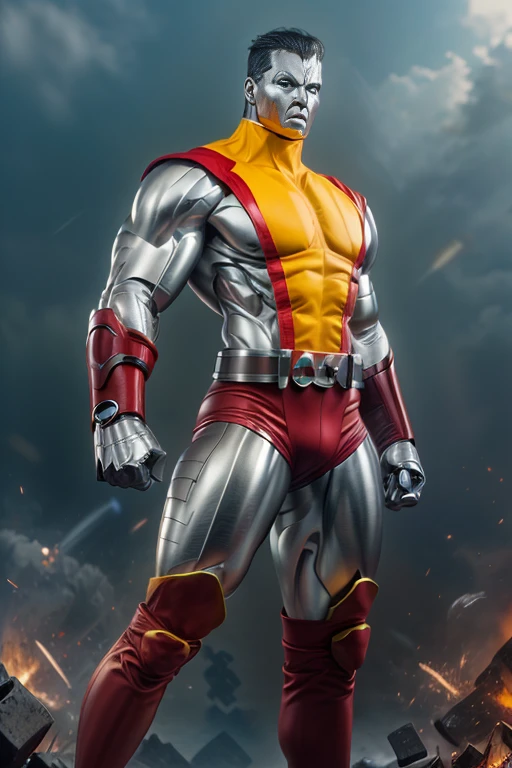 (masterpiece, best quality:1.2), (1 girl realistic, solo), (realistic colossus (x-men)), (((face colosus steel metal skin))), ((head metal steel)), (((no face texture human))), body steel skin, ((uniform colossus red and yellow)), red breeches, (red boots and gauntleds), (standing), plain gray background, masterpiece, HD high quality, 8K ultra high definition, ultra definition,