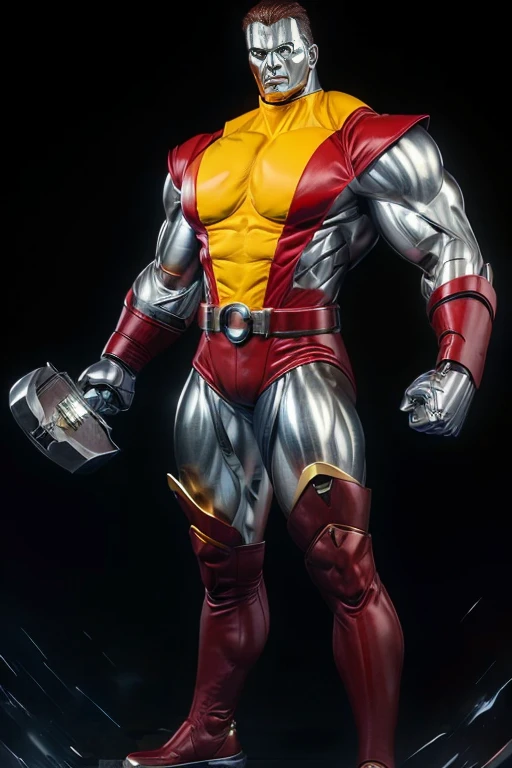 (masterpiece, best quality:1.2), (1 girl realistic, solo), (realistic colossus (x-men)), (((face colosus steel metal skin))), ((head metal steel)), (((no face texture human))), body steel skin, ((uniform colossus red and yellow)), red breeches, (red boots and gauntleds), (standing), plain gray background, masterpiece, HD high quality, 8K ultra high definition, ultra definition,