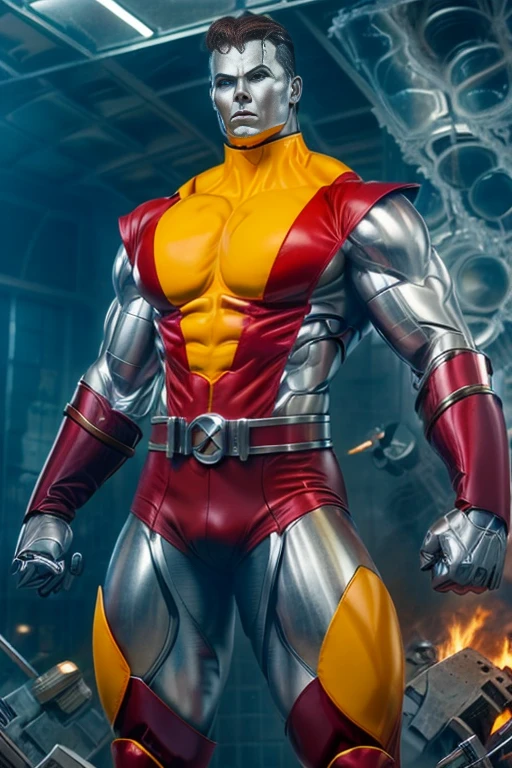 (masterpiece, best quality:1.2), (1 girl realistic, solo), (realistic colossus (x-men)), (((face colosus steel metal skin))), ((head metal steel)), (((no face texture human))), body steel skin, ((uniform colossus red and yellow)), red breeches, (red boots and gauntleds), (standing), plain gray background, masterpiece, HD high quality, 8K ultra high definition, ultra definition,