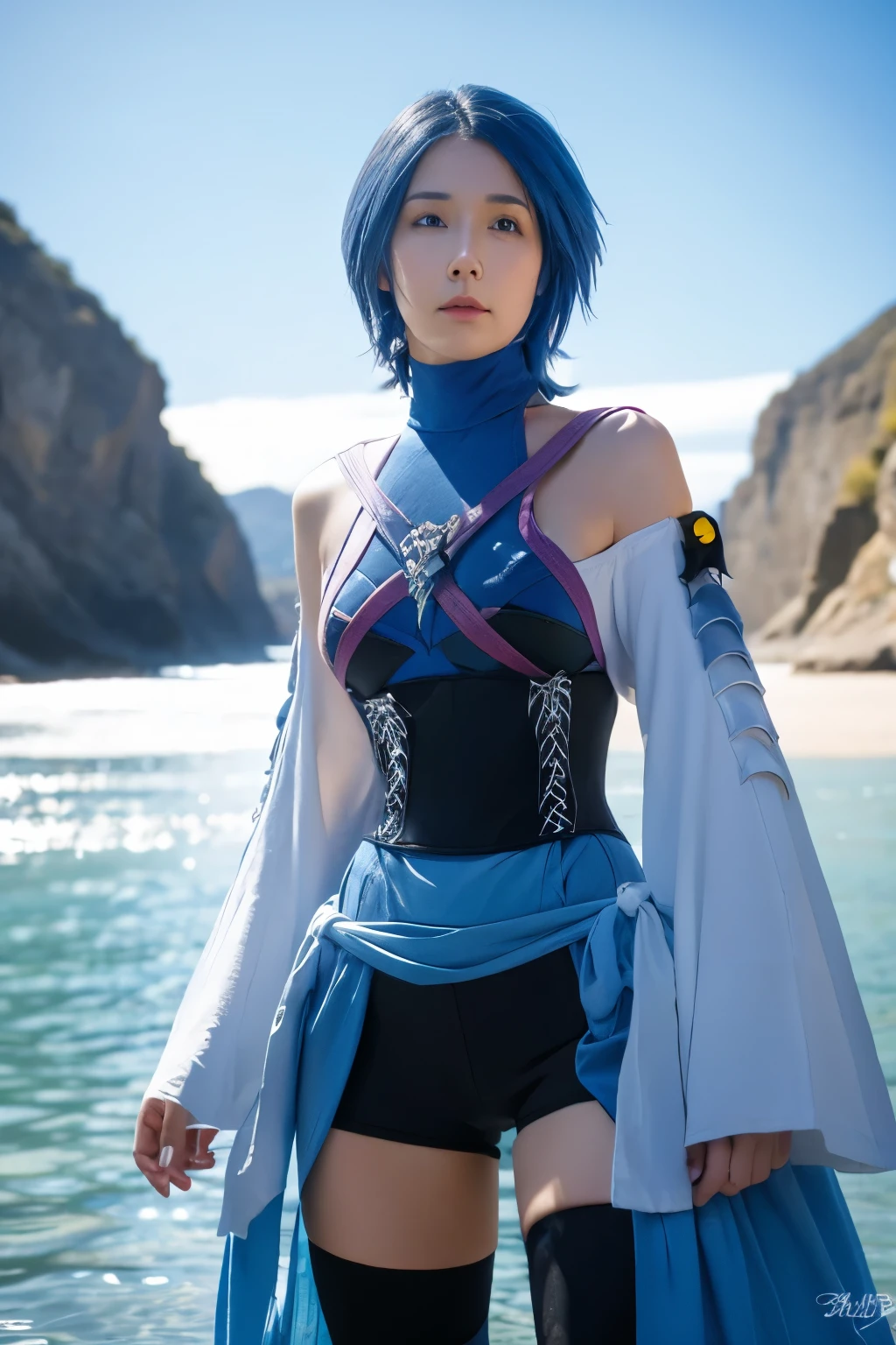 aaaqua, long hair, black hair, blue eyes, medium breasts, turtleneck, harness, blue shirt, detached sleeves, corset, black shorts, waist cape, black thighhighs, fingerless gloves, looking at the viewer, clear sky, transparent water landscape,standing, view from the frontal, portrait