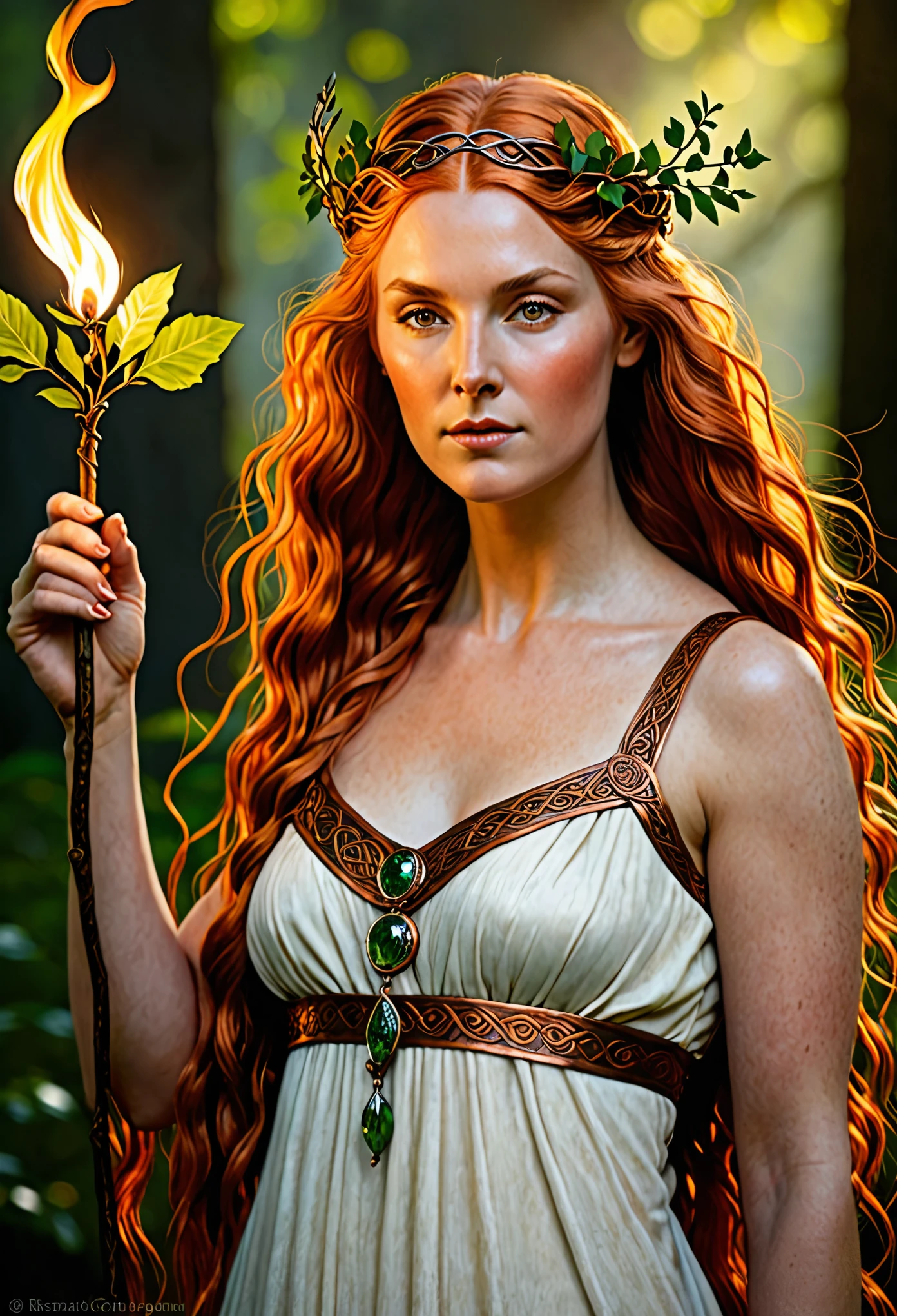 ((Renaissance-work))), Celtic goddess Brigit with copper-colored hair holding a branch of wild slur, flame on top of her head, high quality, ultra-realistic details, perfect lighting, rich texture, vivid painting.