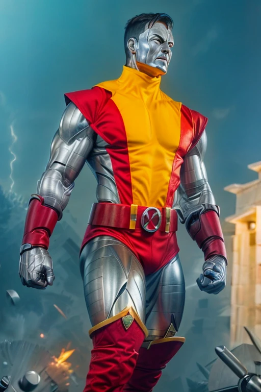 (masterpiece, best quality:1.2), (1 girl realistic, solo), (realistic colossus (x-men)), (((face colosus steel metal skin))), ((head metal steel)), (((no face texture human))), body steel skin, ((uniform colossus red and yellow)), red breeches, (red boots and gauntleds), (standing), plain gray background, masterpiece, HD high quality, 8K ultra high definition, ultra definition,