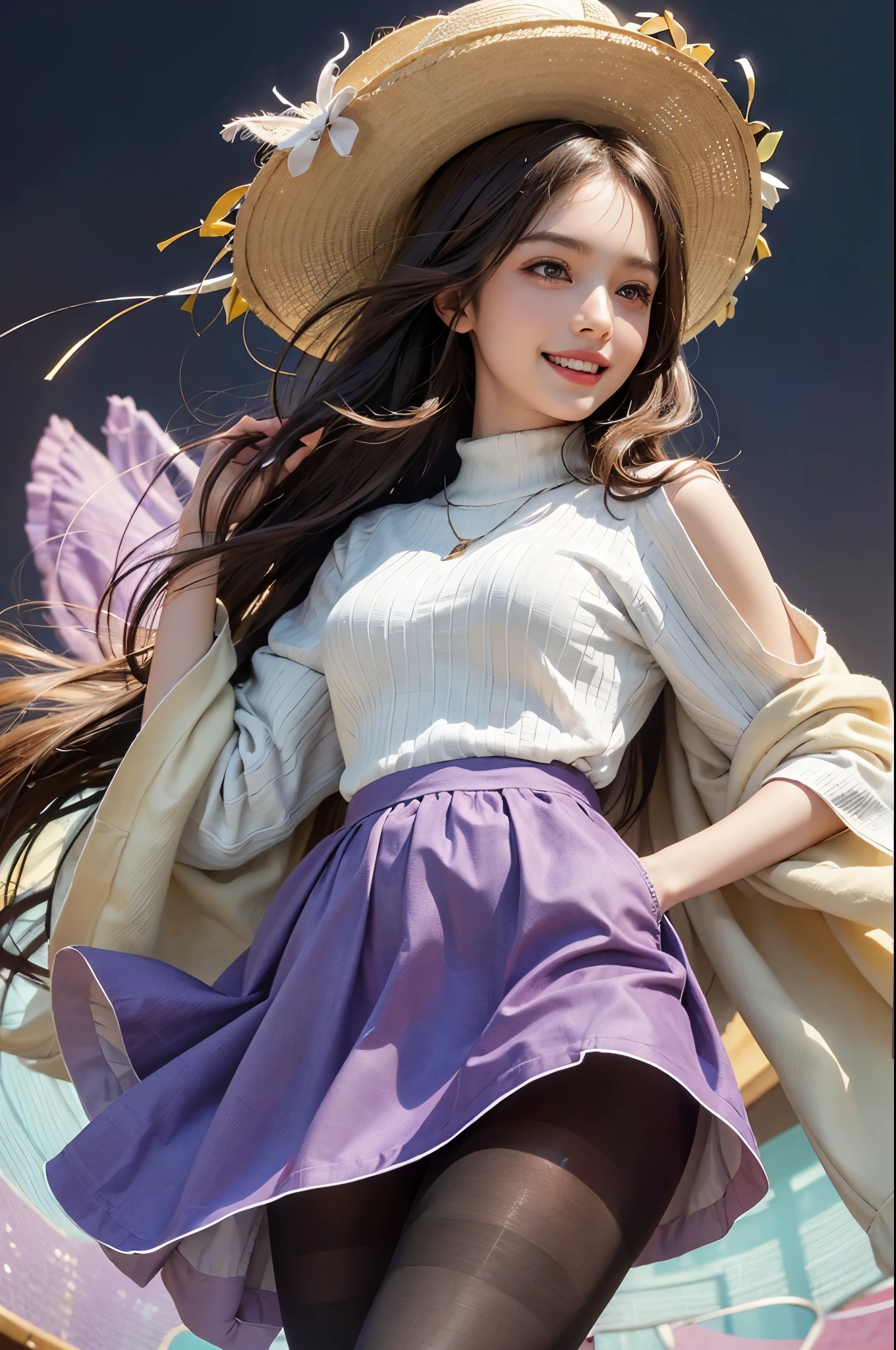 ((highest quality、8K、masterpiece:1.3))、standing、sharp focus:1.2、(realistic、Photoreal:1.37)、laughter、turn to the audience、put one's feet in front of the audience、beautiful face woman、28 years old、pointed chest、NSFW、long eyelashes、colored contact lenses、big 、Delicate、very fine eyes、highly detailed eyebrows、(sharp eyebrows)、(thin eyebrows).highly detailed face、(brunette tousled hair:1.3),Black Long Sleeve Knit Turtleneck、small necklace、((Fringed Pocket Tweed Mini Skirt))、((Thin and transparent pantyhose:1.4))、beautiful thighs、from below、detailed background(8K、masterpiece、highest quality、Raw photo)、Knee-high boots、Touching the thigh、raise one knee、A quiet residential area,(shining smile:1.5)