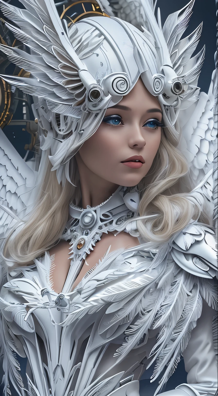 Close-up of a woman in a white dress with wings, full body angel, futuristic robot angel, amazing angel wings, angel knight gothic girl, angel in plastic armor, intricate costume designs, As a mysterious Valkyrie, The whole body is made of white feathers,, futuristic and fantastic, white wings, beautiful angel wings, steampunk angel, beautiful cyborg angel girl, graceful wings