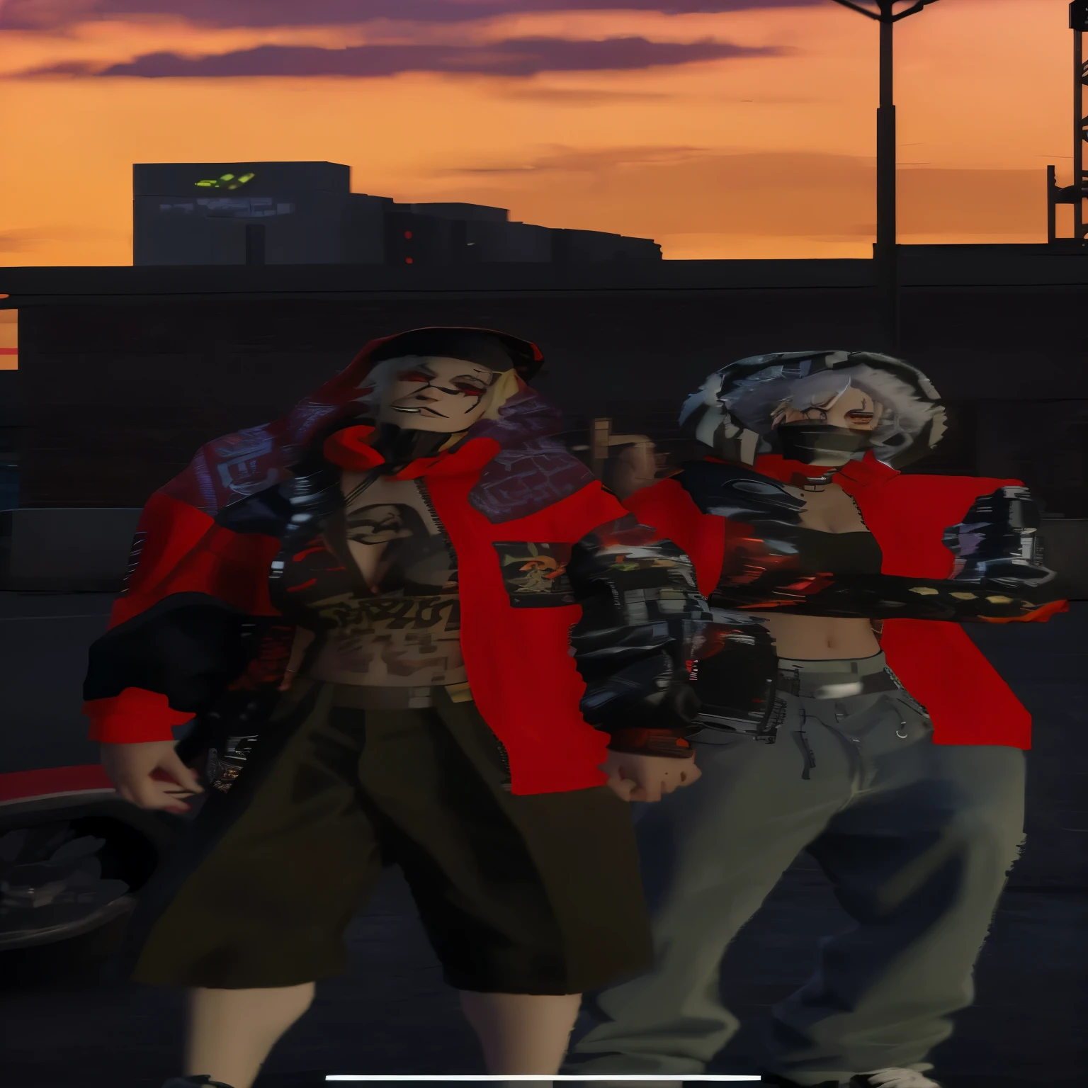there are two people standing next to each other in a parking lot, dressed in crustpunk clothing, red hoods, mechanic punk outfit, wearing cyberpunk streetwear, cyberpunk streetwear, cyberpunk outfits, diverse outfits, dressed in punk clothing, cyber punk setting, red and black cape and hoodie, wearing apocalyptic clothes, wearing cultist red robe, die antwoord style wear