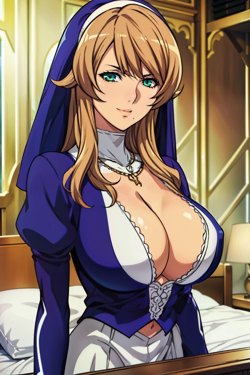 very tempting pose, sitting on bed, (bedroom background), (potrait body), sigui, oda non style, anime cels style, smiling, purple outfit,puffy sleeves,cleavage cutout, cleavage, nun,jewelry,necklace, long hair,brown hair, green eyes, 1 girl, 30yo,Young female,Beautiful Finger,Beautiful long legs,Beautiful body, Beautiful Nose,Beautiful character design, perfect eyes, perfect face,expressive eyes, perfect balance, looking at viewer, official art,extremely detailed CG unity 8k wallpaper, perfect lighting,Colorful, Bright_Front_face_Lighting,White skin, (masterpiece:1.0),(best_quality:1.0), ultra high res,4K,ultra-detailed, photography, 8K, HDR, highres, absurdres:1.2, Kodak portra 400, film grain, blurry background, bokeh:1.2, lens flare, (vibrant_color:1.2),professional photograph, (Beautiful,huge_Breasts:1.4), (beautiful_face:1.5),(narrow_waist)