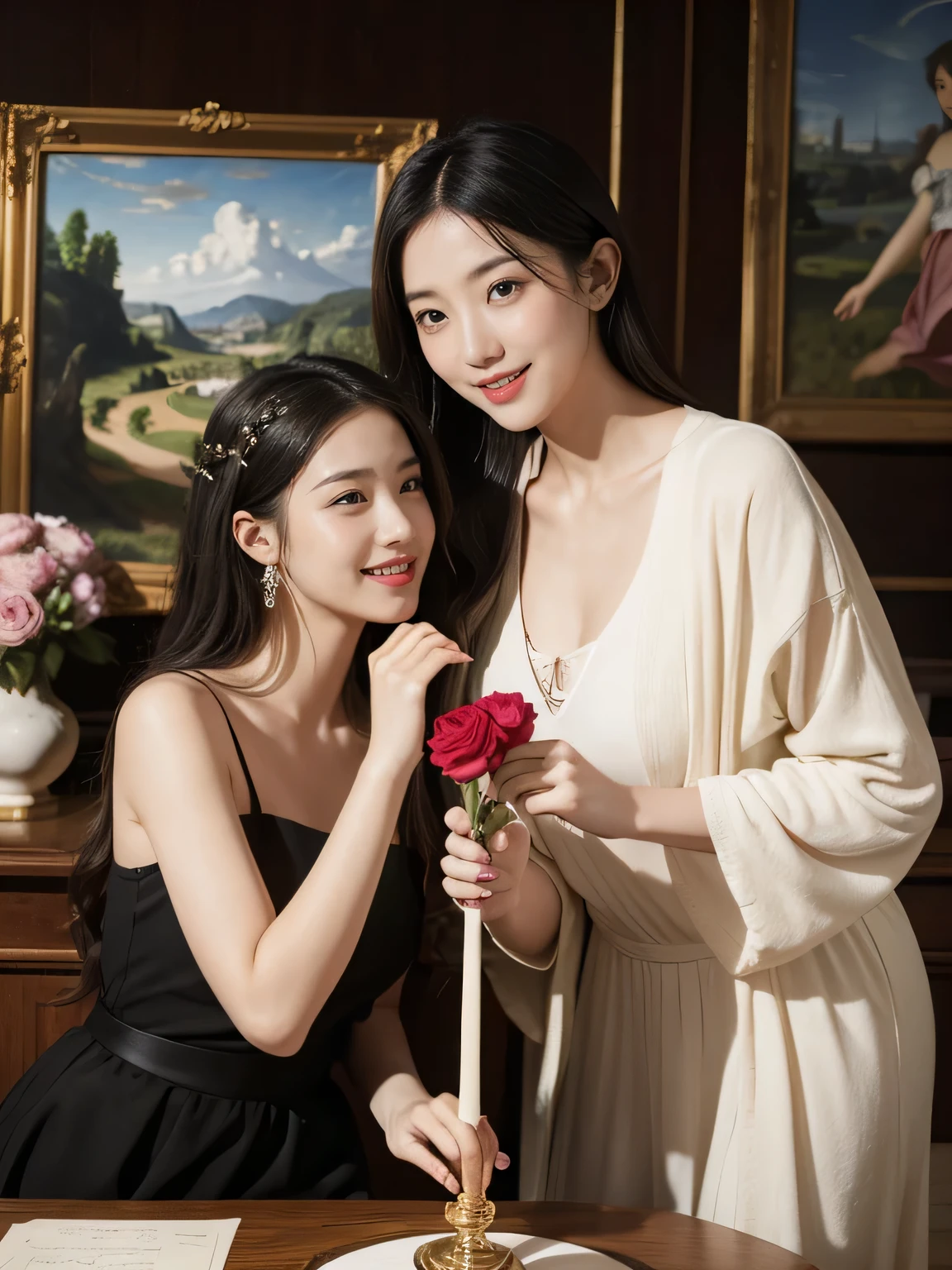 Giorgione painting style,Arguments of two female Philosophe,math、astronomical machine、astronaut、roses in vase、fruits、Cute trinkets、smile、ancient greek costume、Ancient Roman landscape in the style of Nicolas Poussin,laughter,,Sweet and seductive appearance.、Caravaggio's paintings、Chiaroscuro of Caravaggio、hair tousled by the wind,Two women frolicking,cute smile, expression of ecstasy,Sexy,erotic