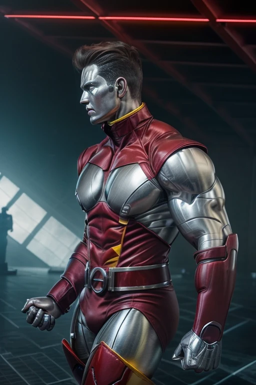 (masterpiece, best quality:1.2), ((1 girl realistic, solo)), (realistic colossus (x-men)), (((face colosus steel metal skin))), ((head metal steel)), (((no face texture human))), body steel skin, ((uniform colossus red and yellow)), red breeches, (red boots and gauntleds), (standing), plain gray background, masterpiece, HD high quality, 8K ultra high definition, ultra definition,