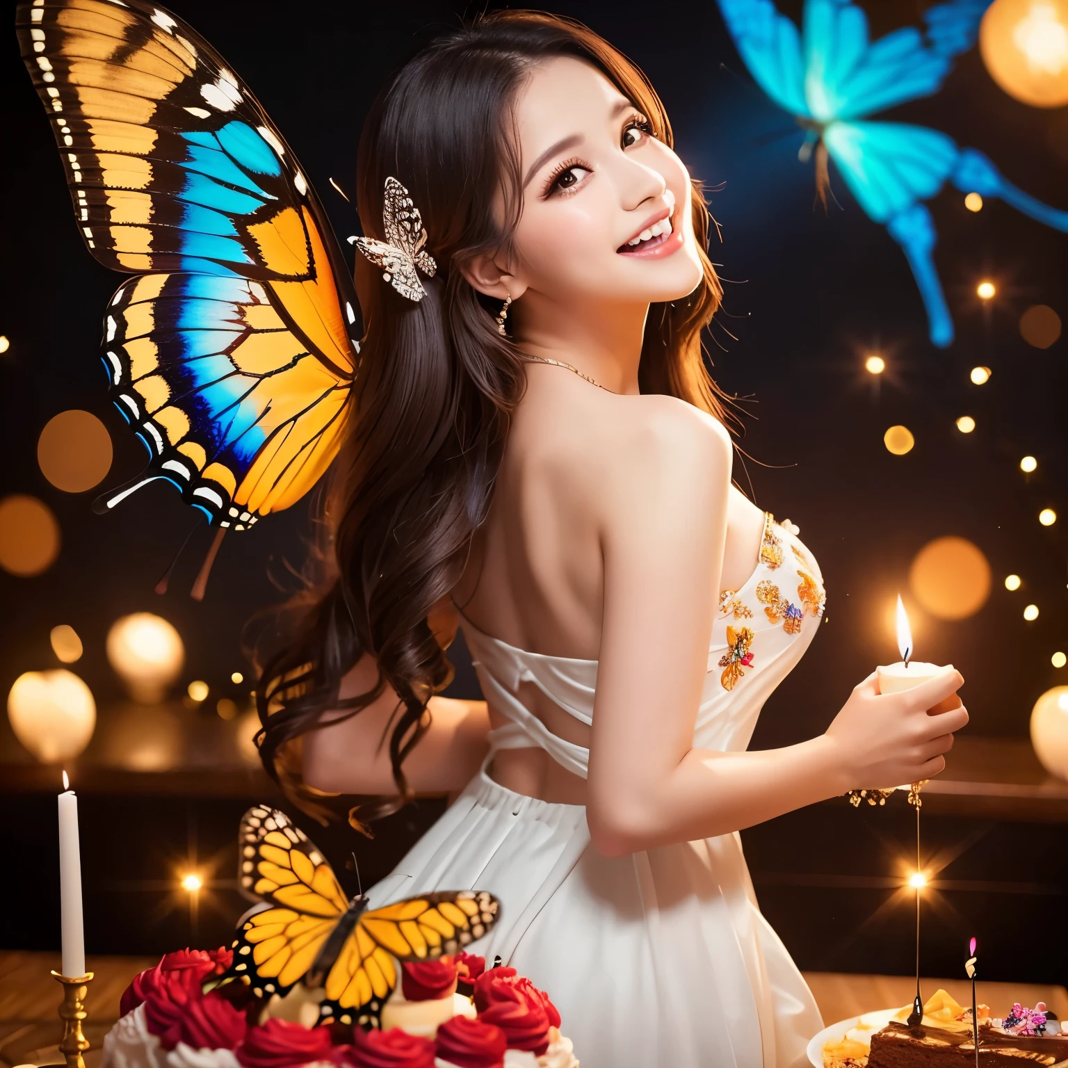 Woman celebrating her birthday with butterfly wings, radiantly happy expression, long flowing hair cascading down her back, intricately designed butterfly wings in vibrant colors, glowing and luminous, detailed and fine wings, high resolution image, stunningly beautiful and realistic capture, background blurred to focus on the woman, masterpiece quality, beautiful and expressive eyes sparkling with joy, wearing a simple yet elegant dress, blowing out the candles on a cake, gentle and natural soft light enhancing the overall beauty of the scene.