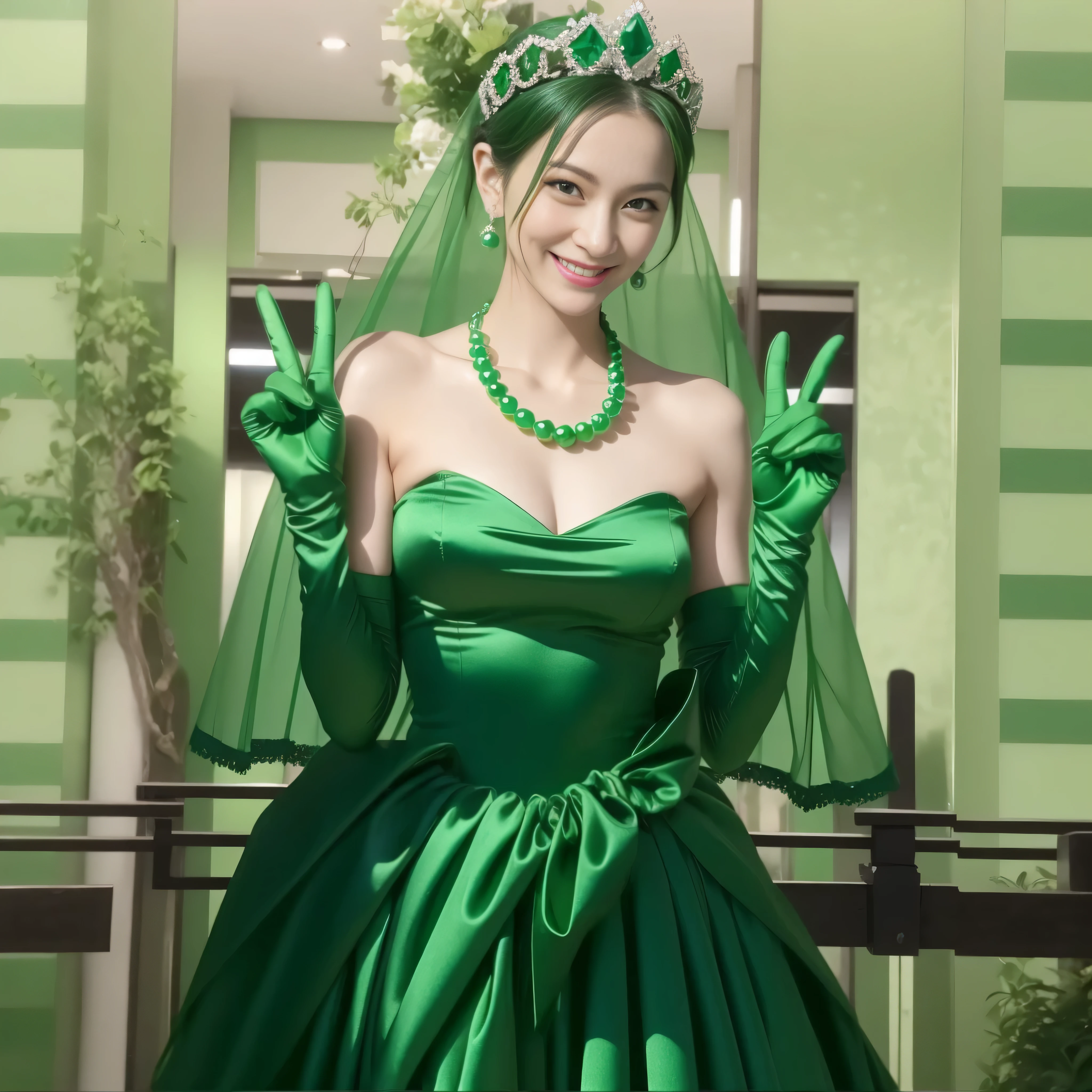 Beautiful Japan woman in her 30s, finger details, beautiful hands,emerald tiara, green pearl necklace, Boyish green berry short hair, lipstick, smiling Japanese woman, very short hair, big breasts beautiful, green eyes, green satin long gloves, green eyes, emerald earrings, green veil, V sign