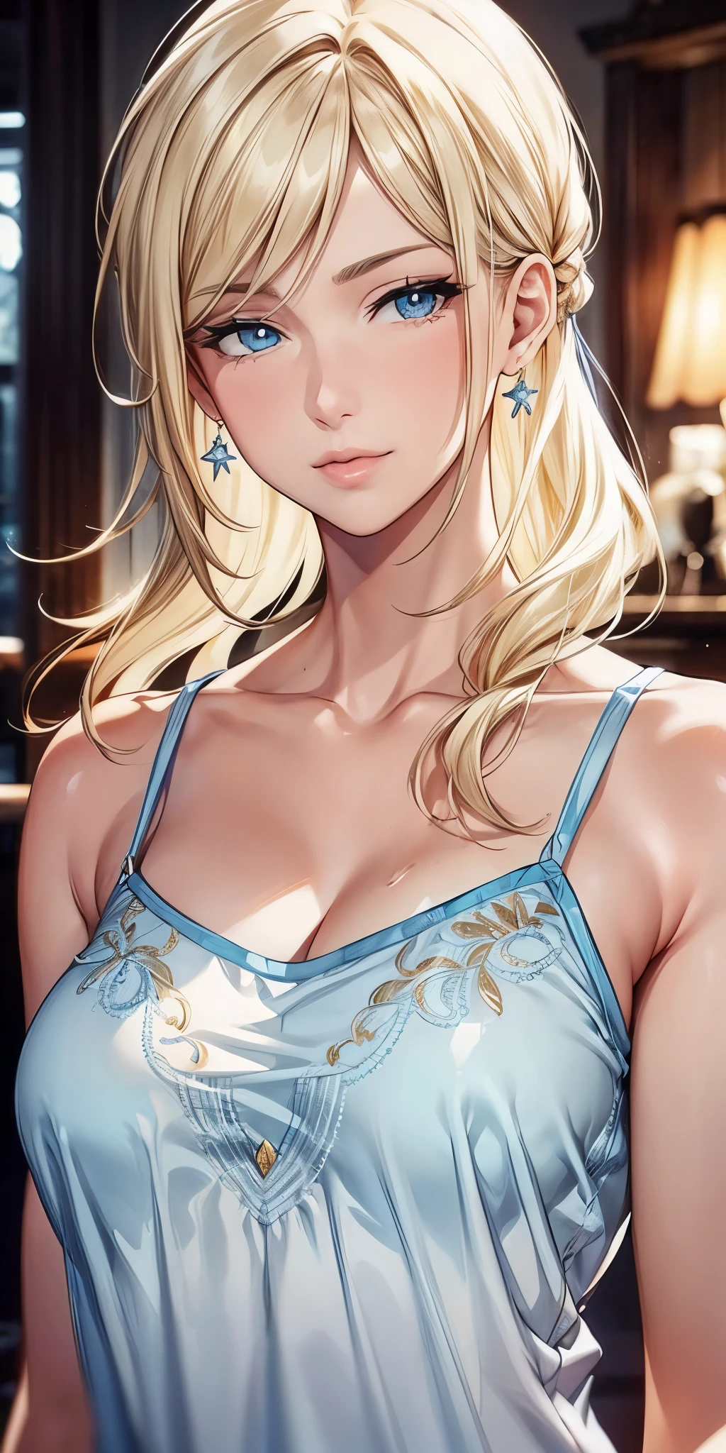 portrait, elegant mature woman, blue eyes, blonde hair, big breast, ultra detailed cg 8k, beautiful cg, soft light