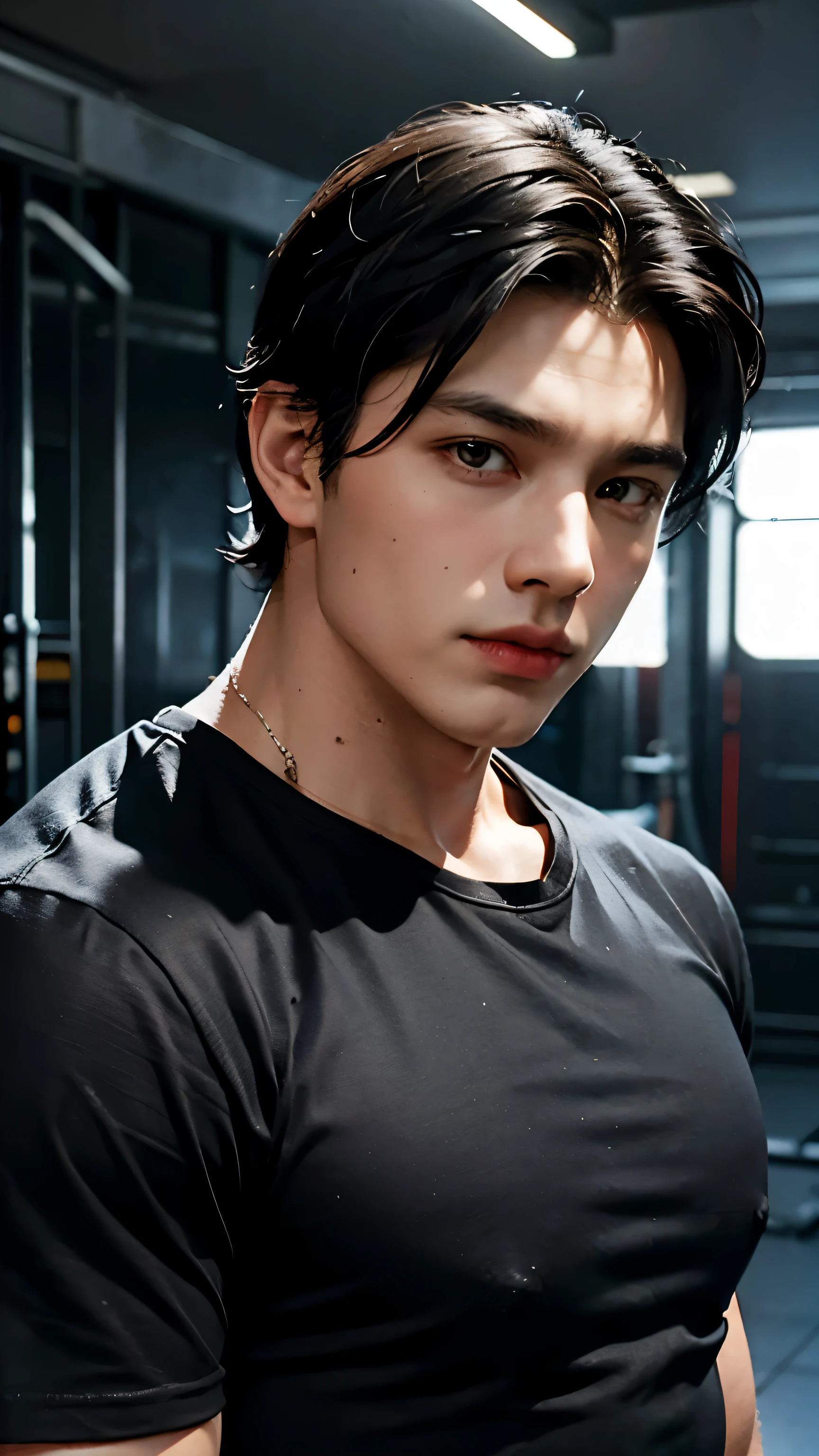 Young Bruce Wayne man black hair, big muscular body, wearing black t-shirt, in dark room front side upper body short